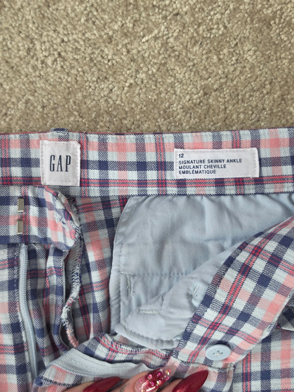 Plaid & Playful — GAP Signature Skinny Ankle Trousers in Pink & Navy Check