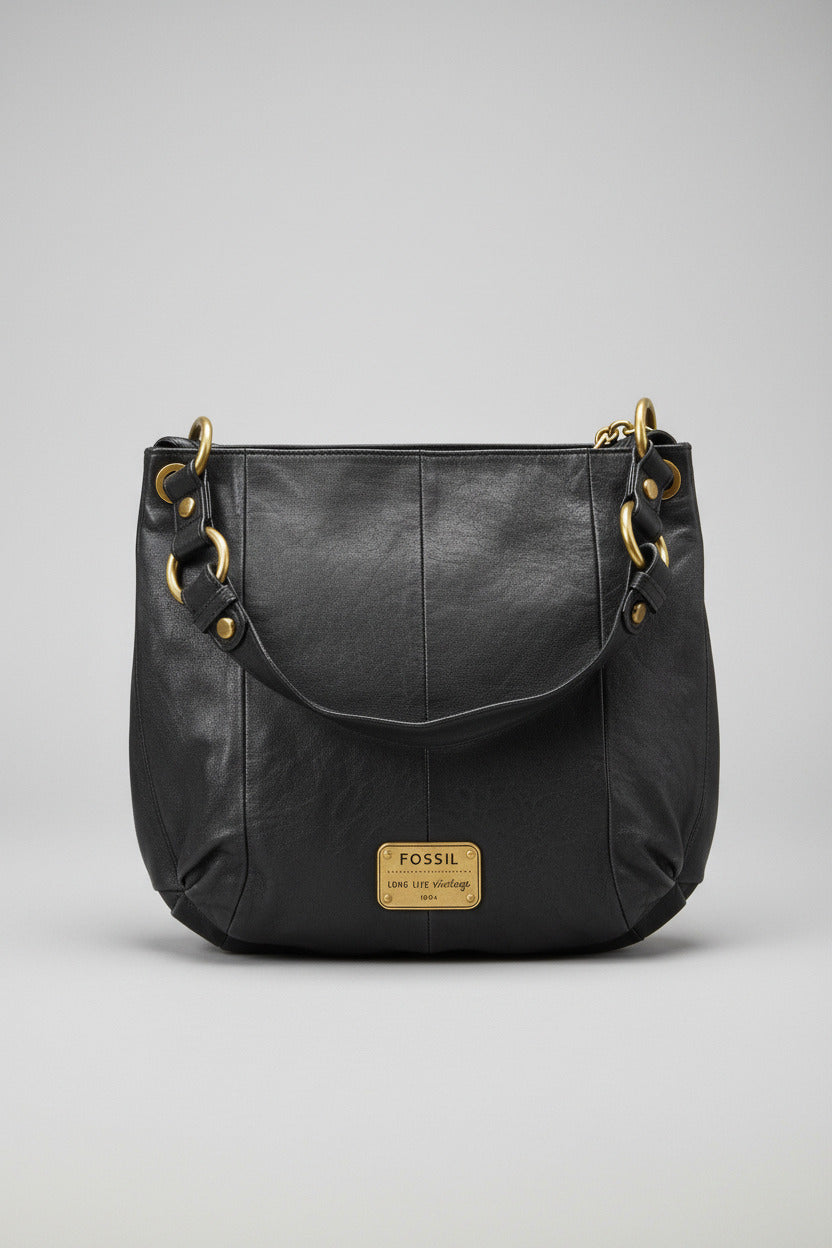 Midnight Wanderer — Fossil Long Live Vintage Black Leather Hobo Bag