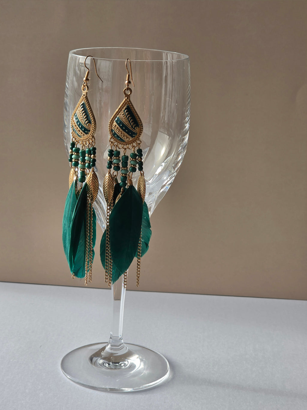 Into the Emerald — Boho Feather & Gold Drop Earrings