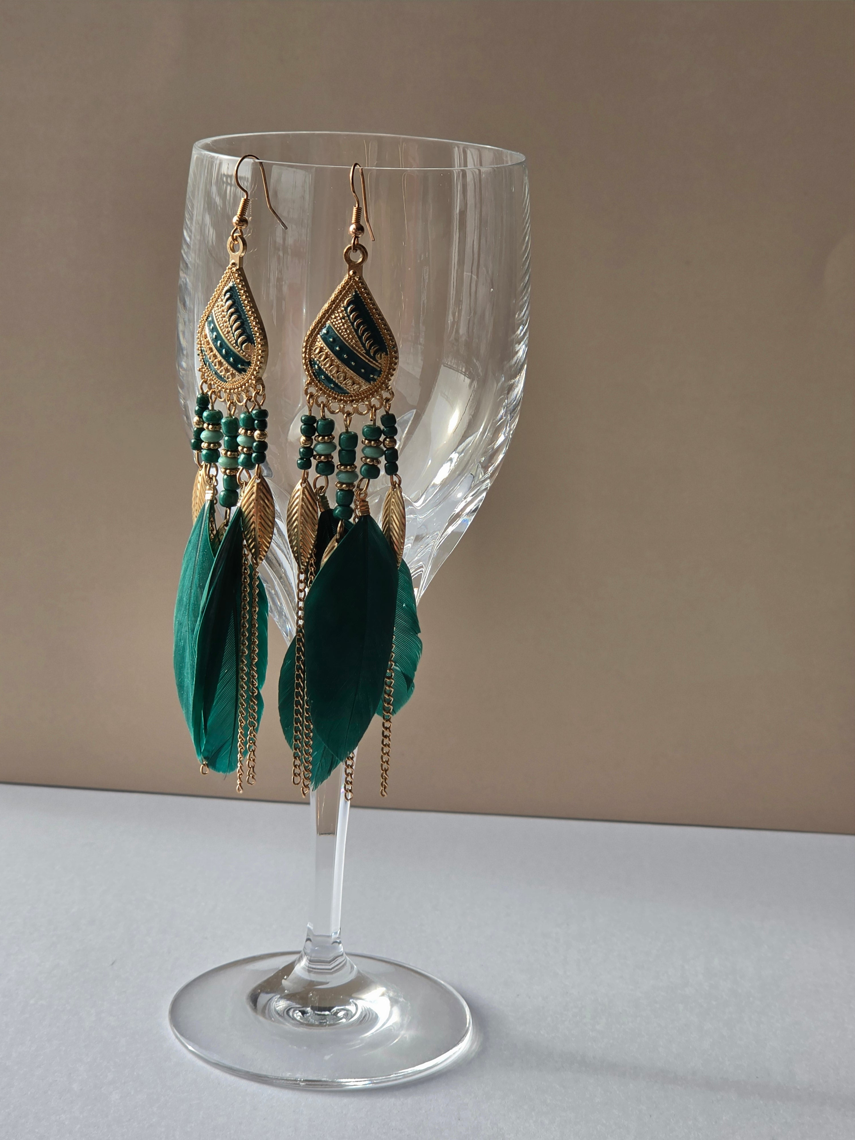 Into the Emerald — Boho Feather & Gold Drop Earrings