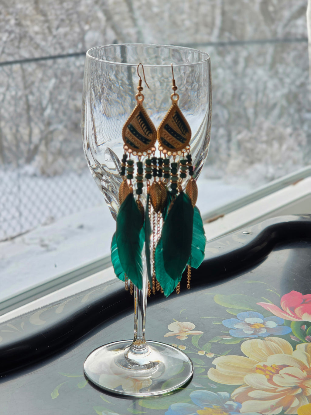 Into the Emerald — Boho Feather & Gold Drop Earrings