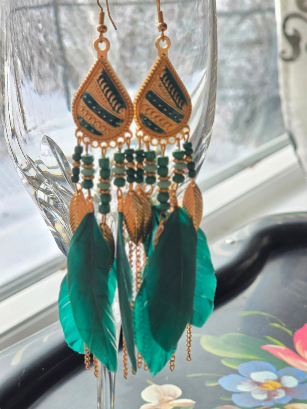 Into the Emerald — Boho Feather & Gold Drop Earrings