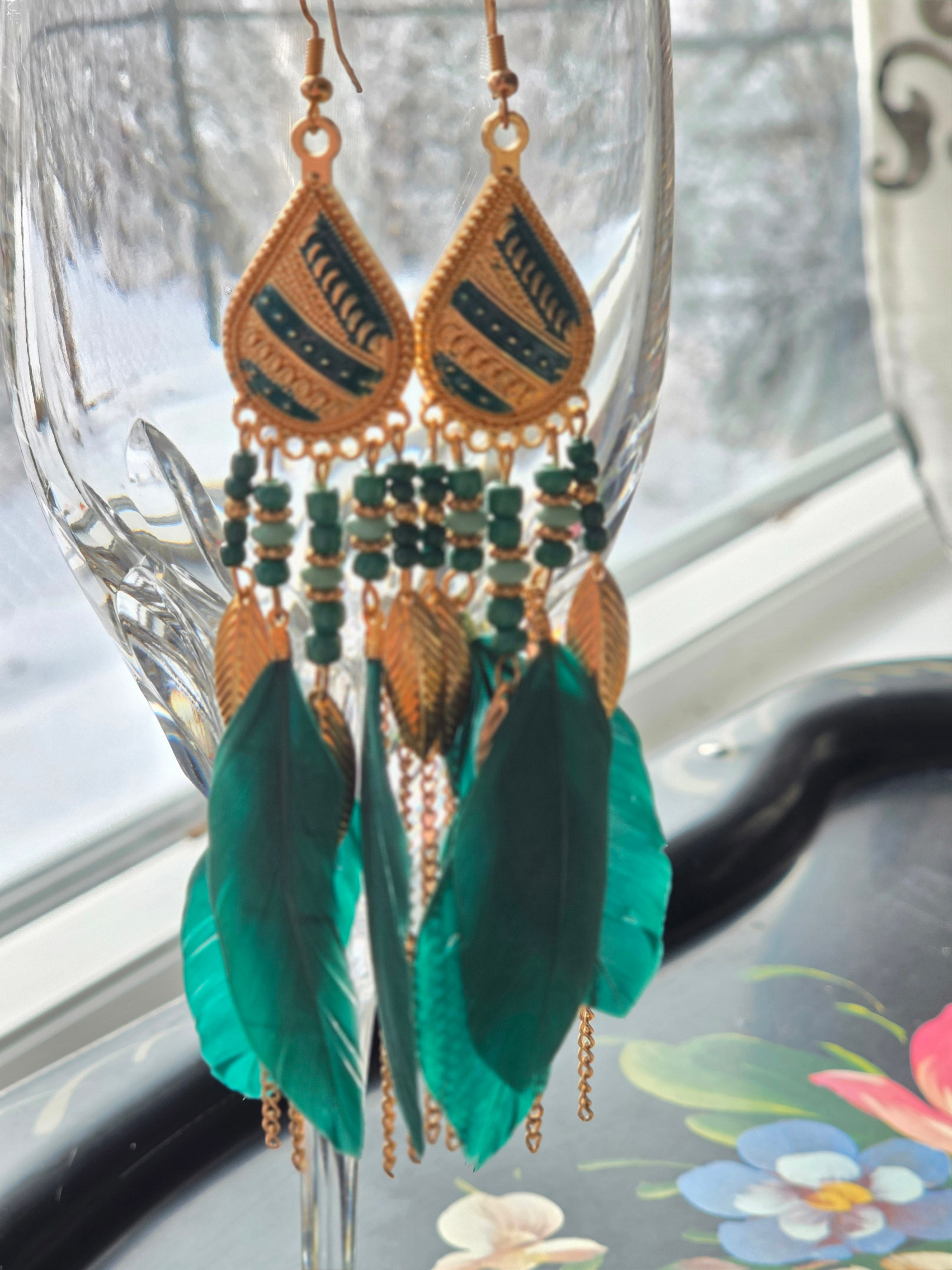 Into the Emerald — Boho Feather & Gold Drop Earrings