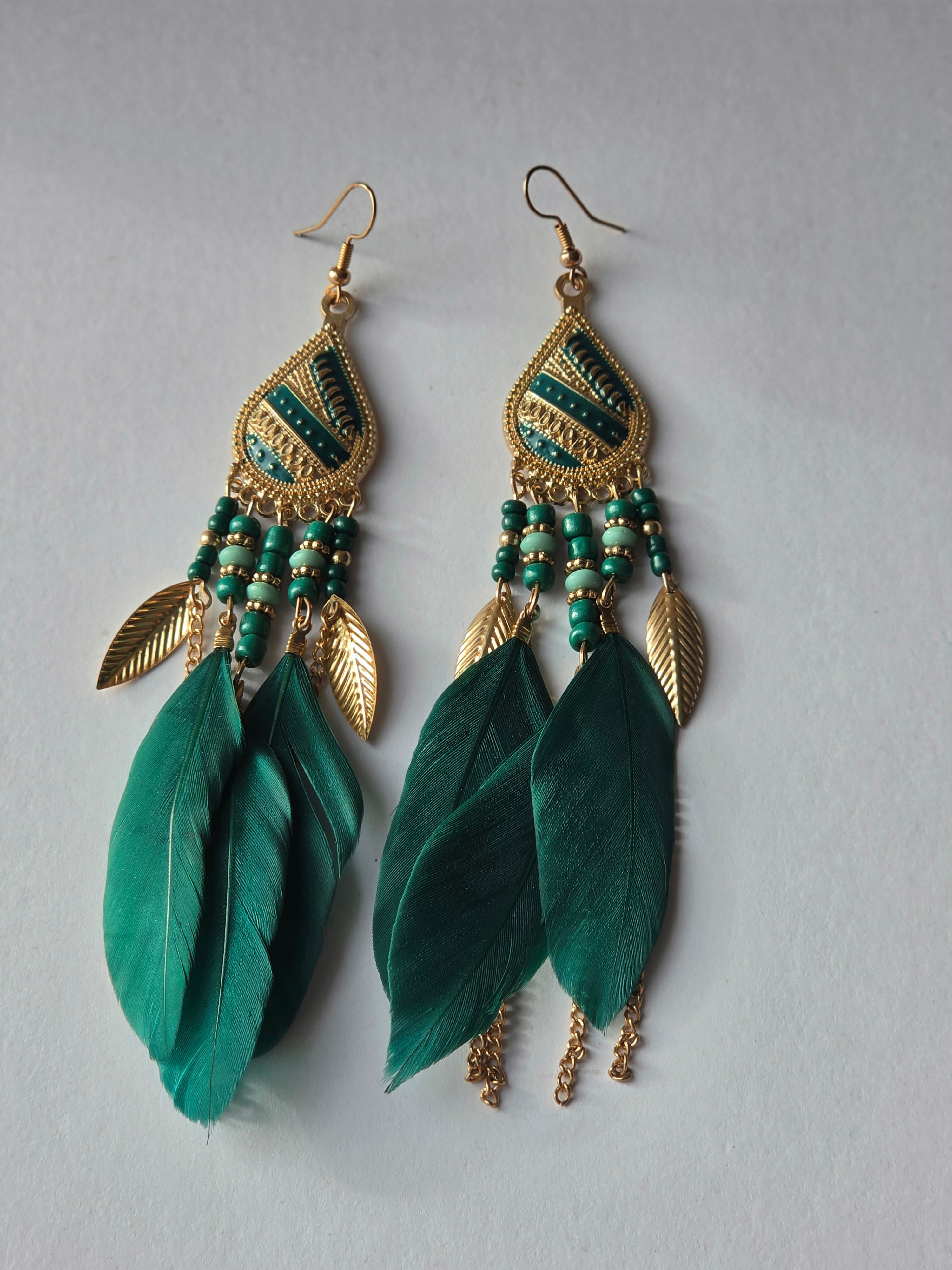Into the Emerald — Boho Feather & Gold Drop Earrings