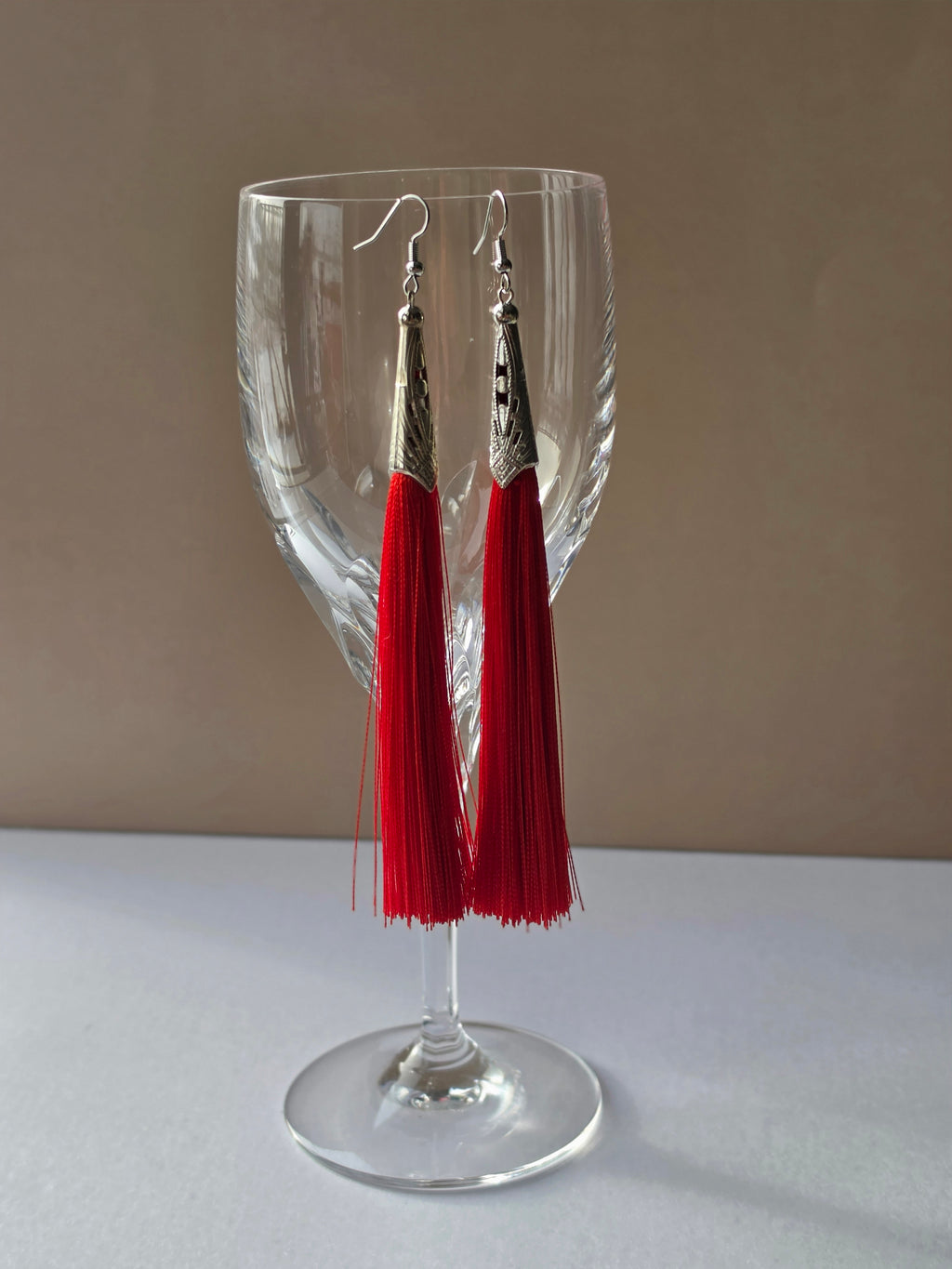 Scarlet After Dark — Red Silk Tassel & Silver Filigree Drop Earrings