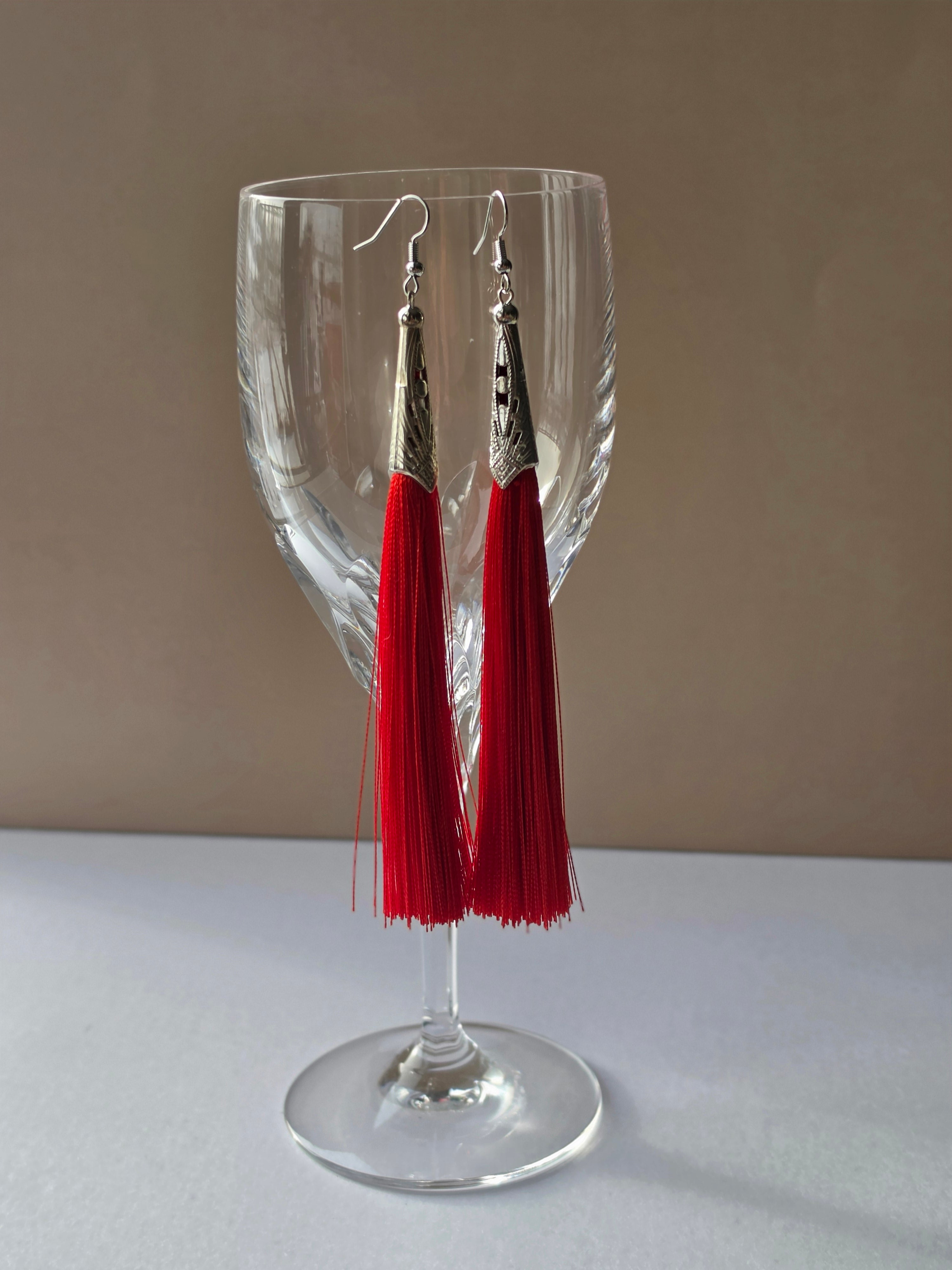 Scarlet After Dark — Red Silk Tassel & Silver Filigree Drop Earrings