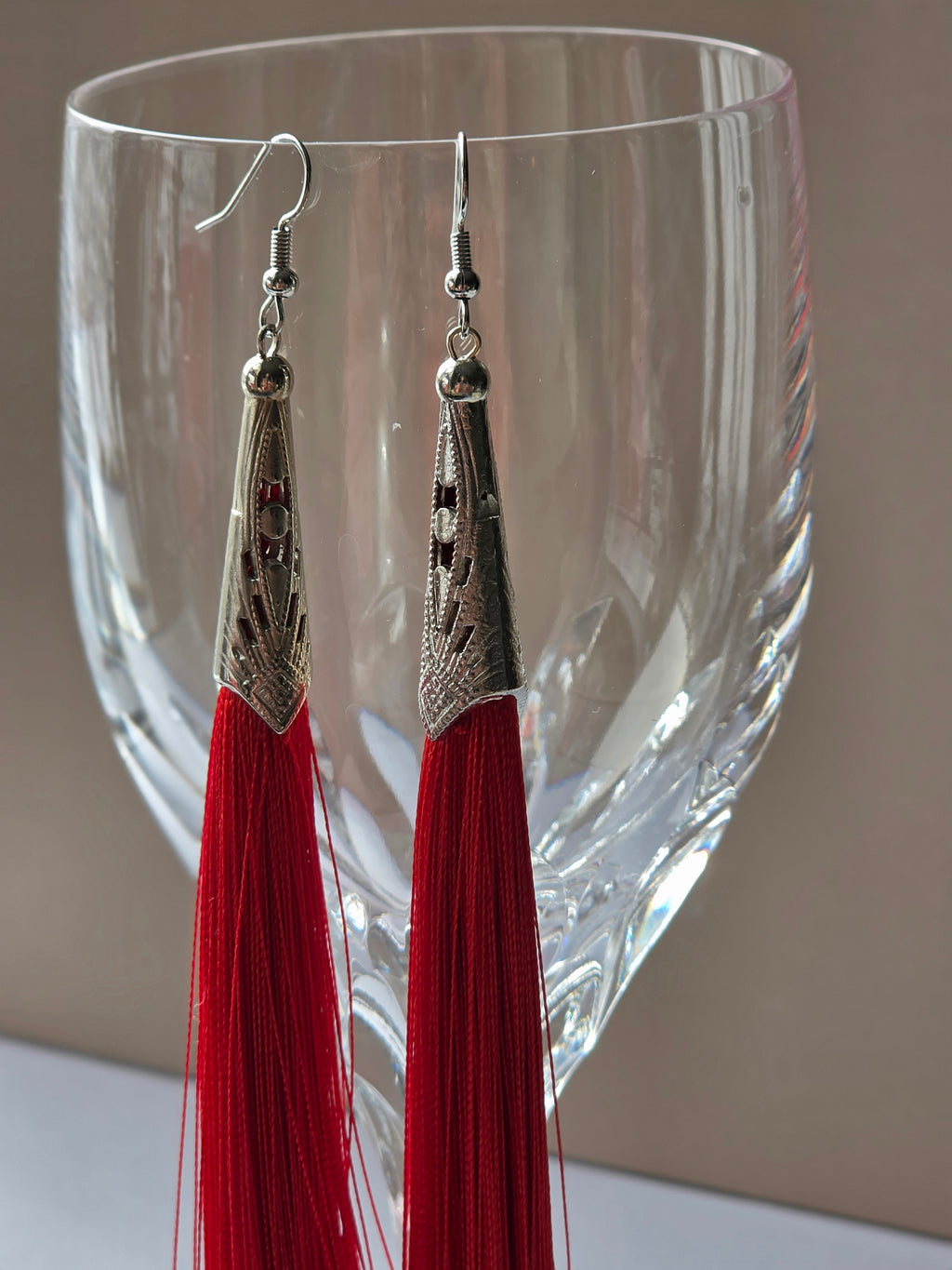 Scarlet After Dark — Red Silk Tassel & Silver Filigree Drop Earrings
