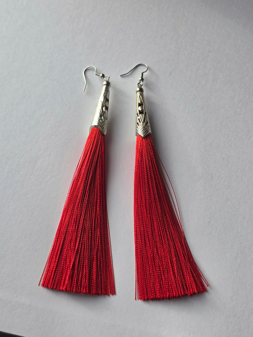 Scarlet After Dark — Red Silk Tassel & Silver Filigree Drop Earrings