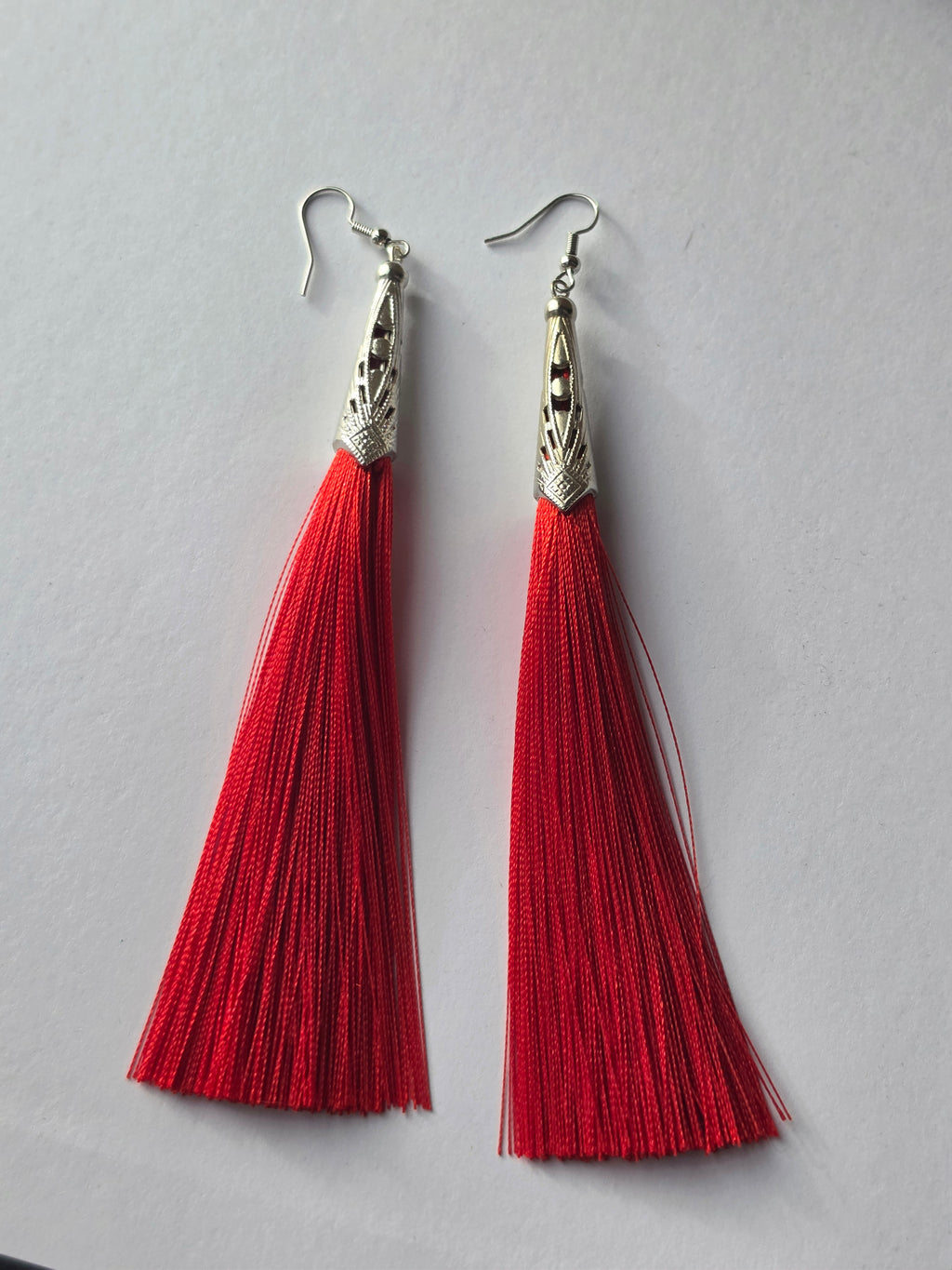 Scarlet After Dark — Red Silk Tassel & Silver Filigree Drop Earrings
