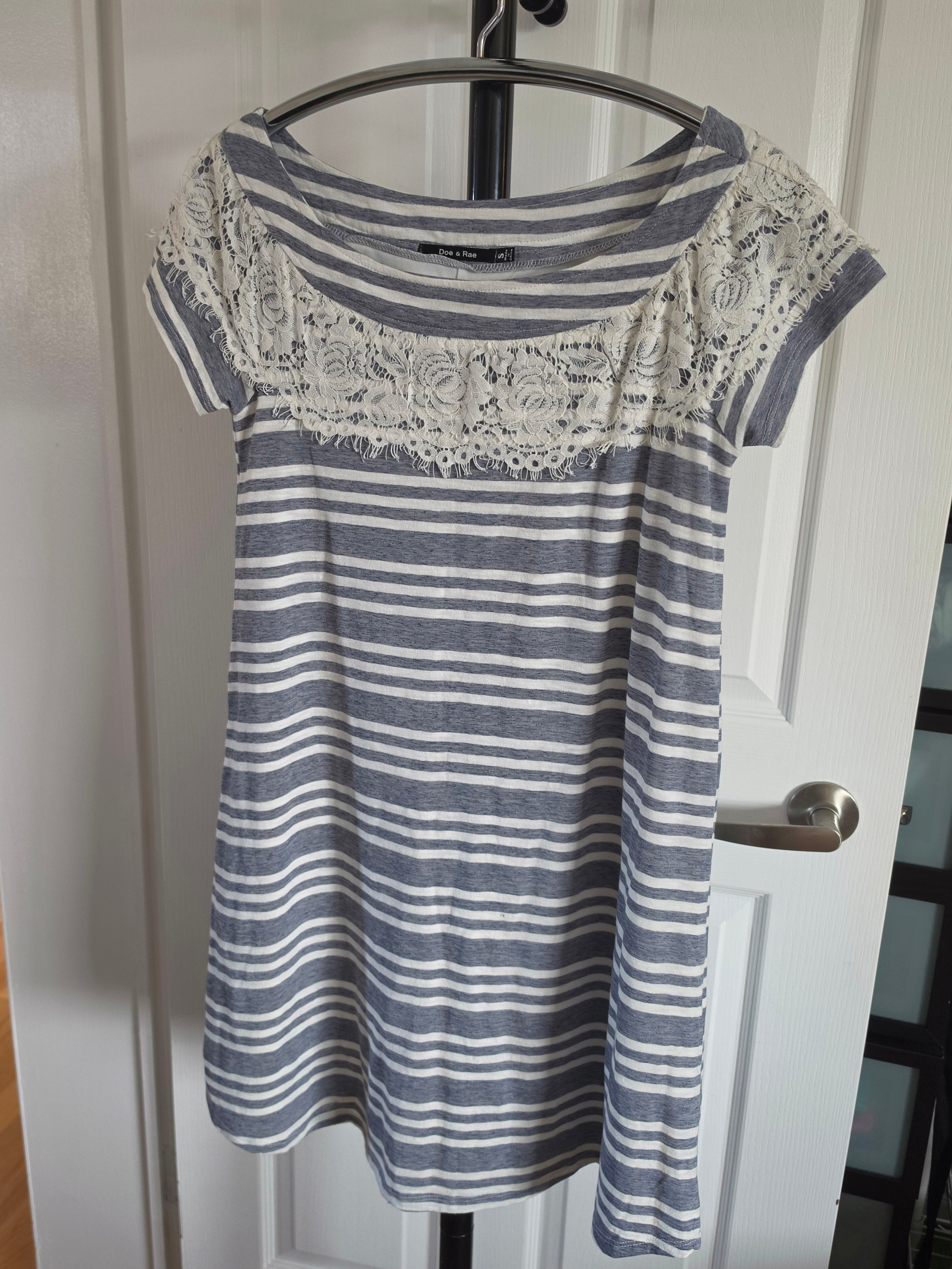 Stripes & Lace — Doe & Rae Grey Stripe Lace Yoke Tunic Dress
