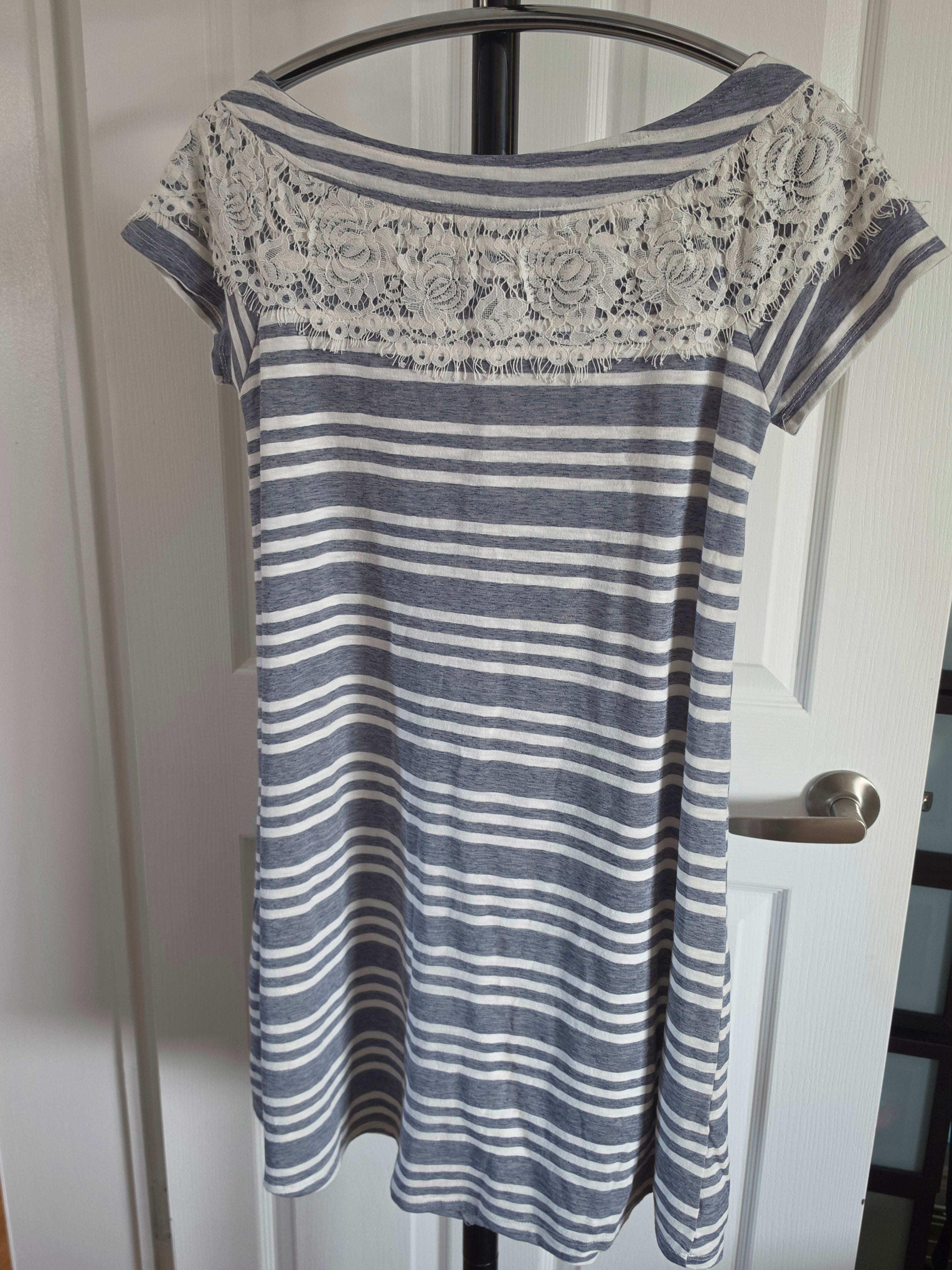Stripes & Lace — Doe & Rae Grey Stripe Lace Yoke Tunic Dress