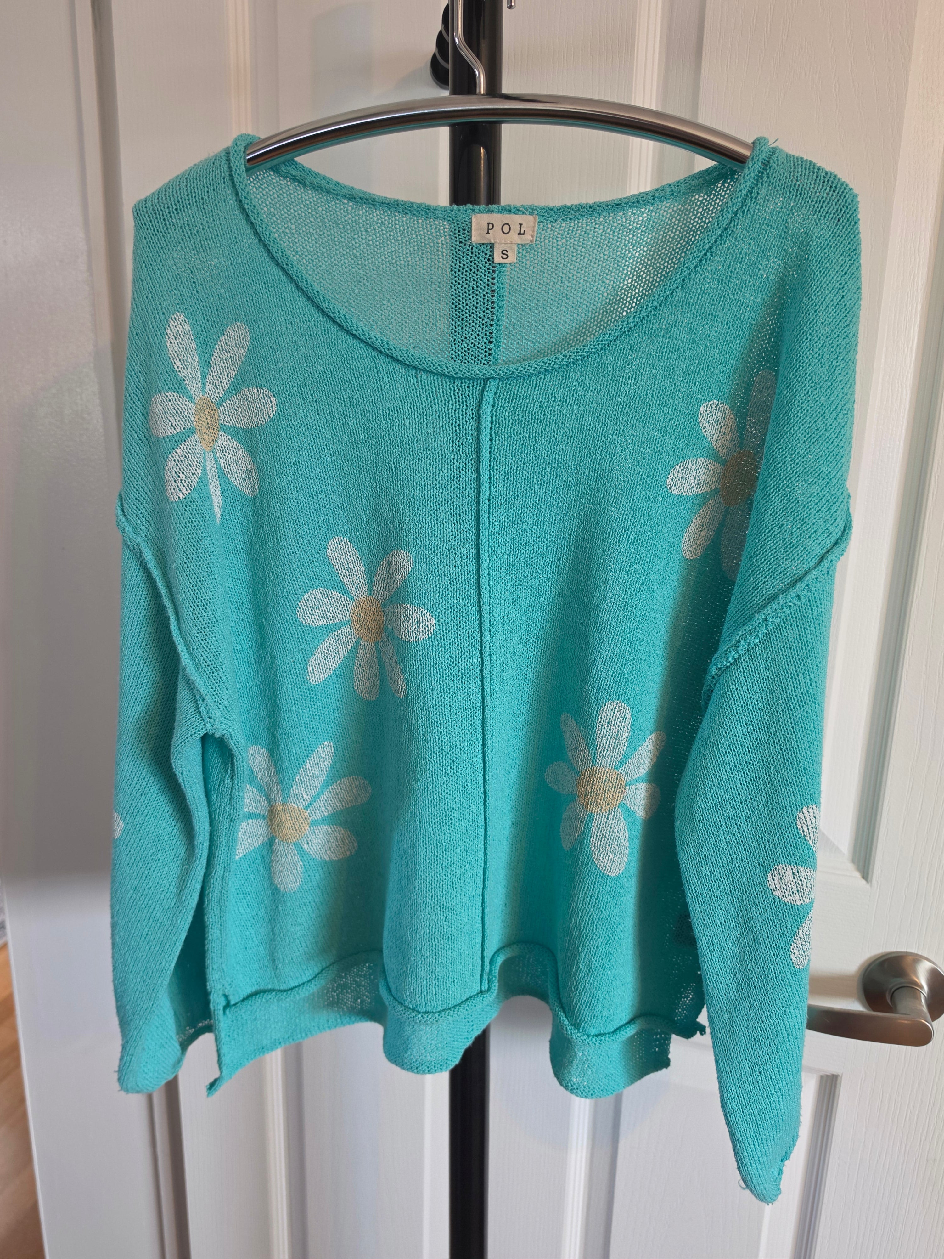 Daisy Days — POL Turquoise Daisy Open-Knit Sweater