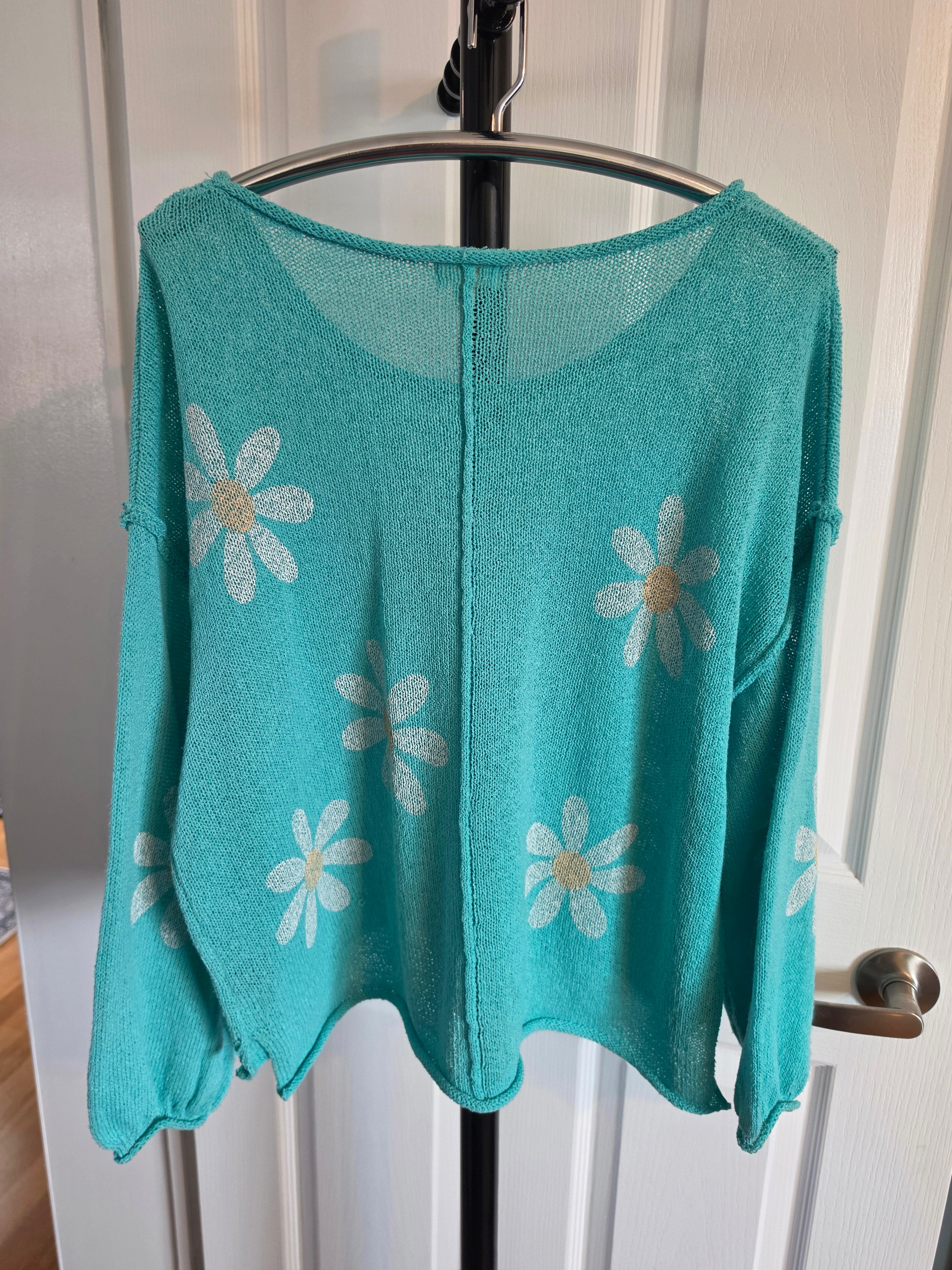 Daisy Days — POL Turquoise Daisy Open-Knit Sweater