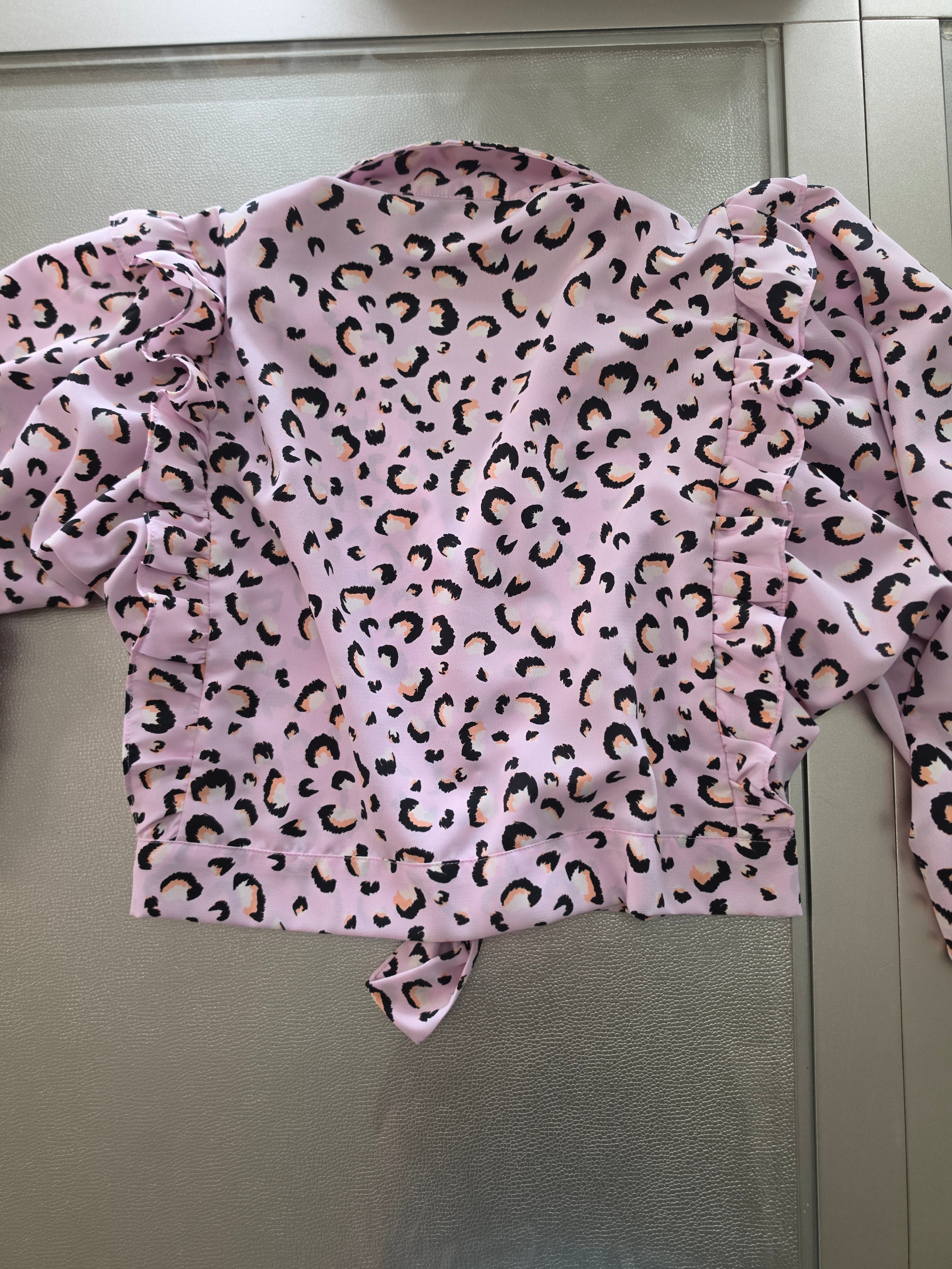 Pink leopard print Topshop blouse with balloon sleeves and front tie - front view
