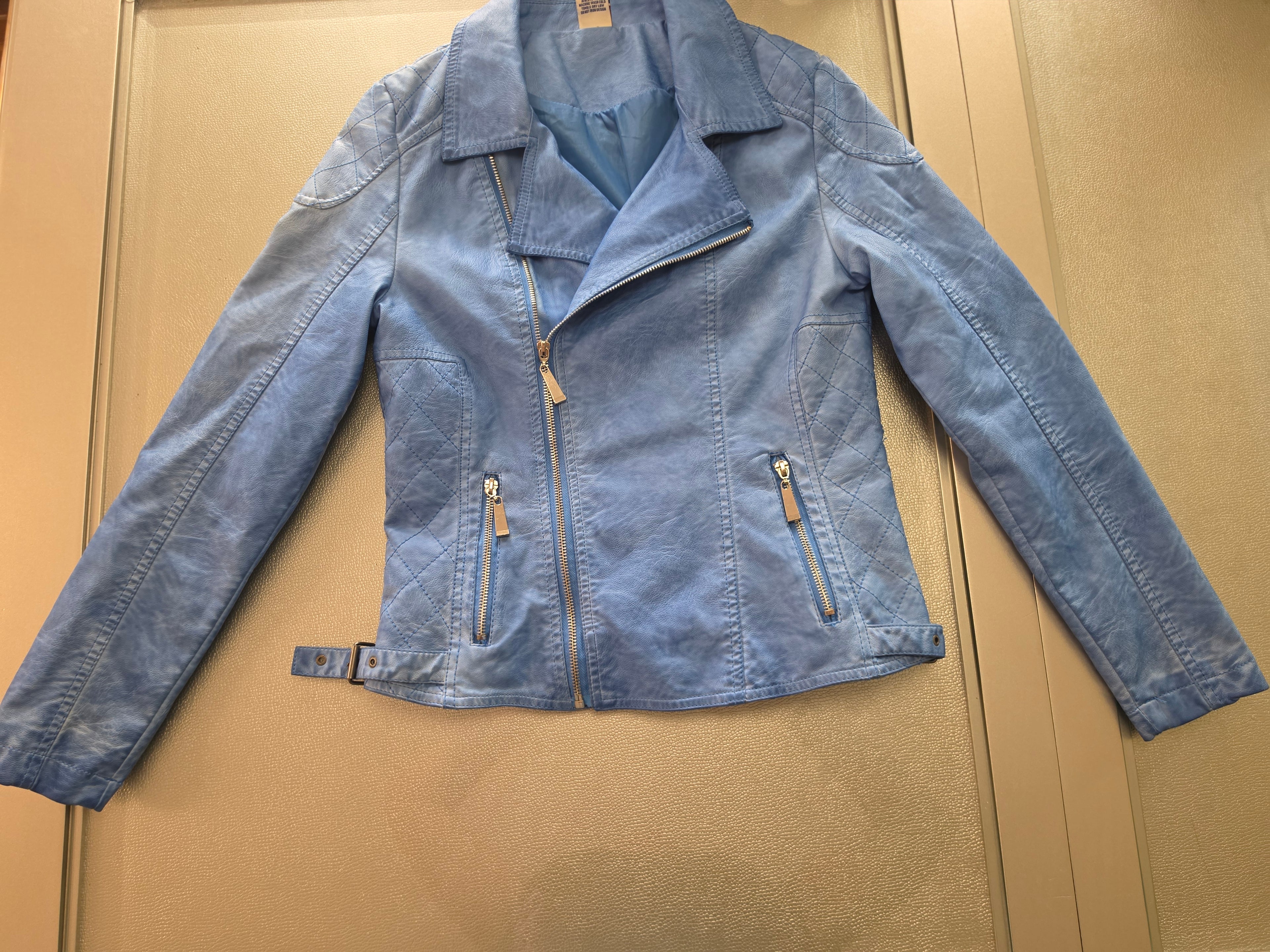 The Sky Rider — Quilted Faux Leather Moto Jacket in Periwinkle Blue