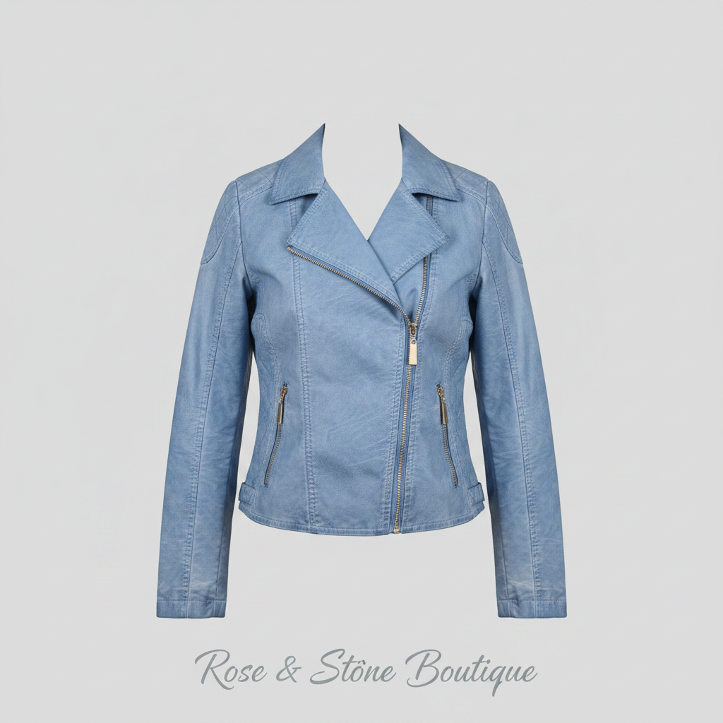The Sky Rider — Quilted Faux Leather Moto Jacket in Periwinkle Blue