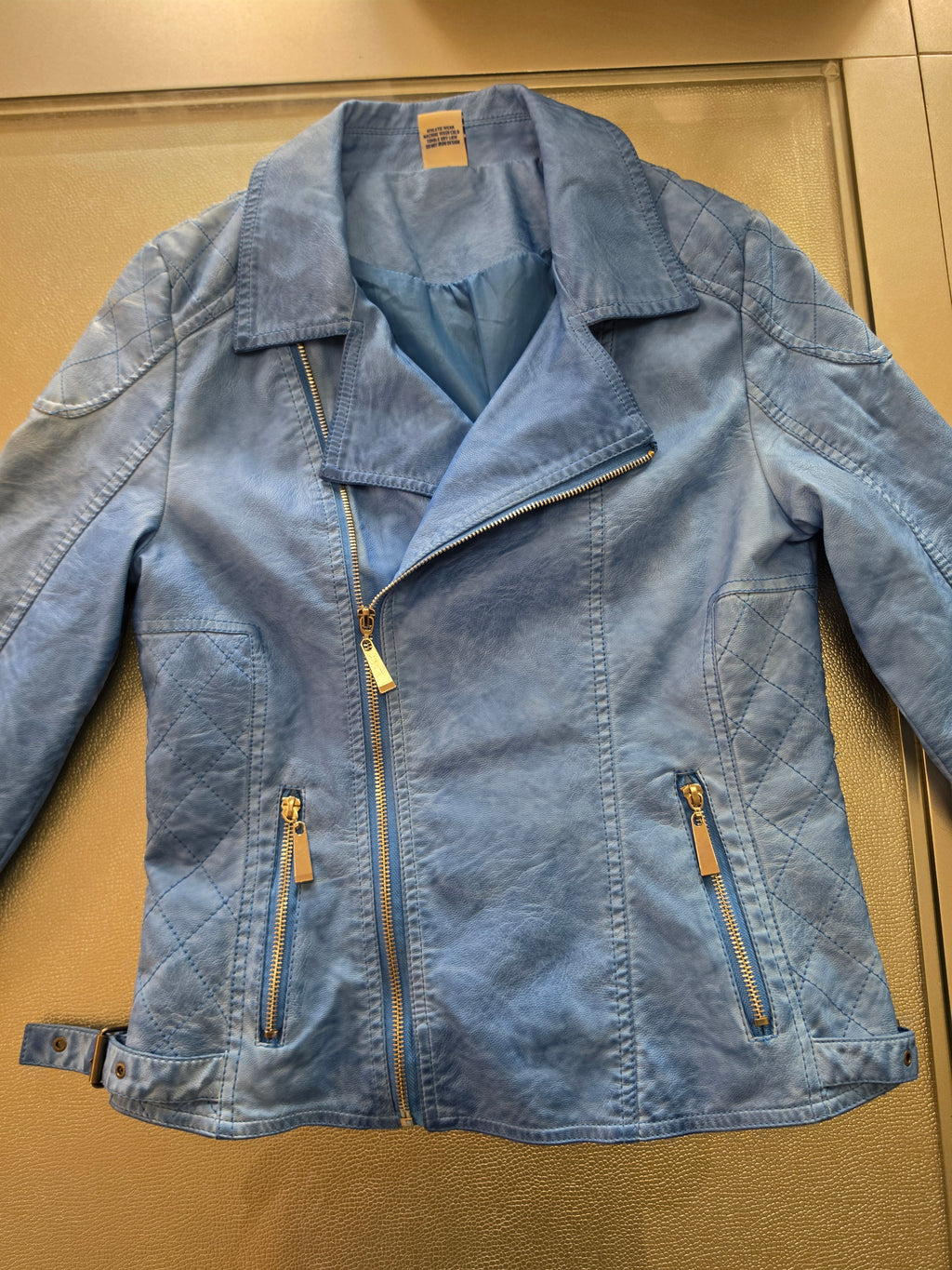 The Sky Rider — Quilted Faux Leather Moto Jacket in Periwinkle Blue