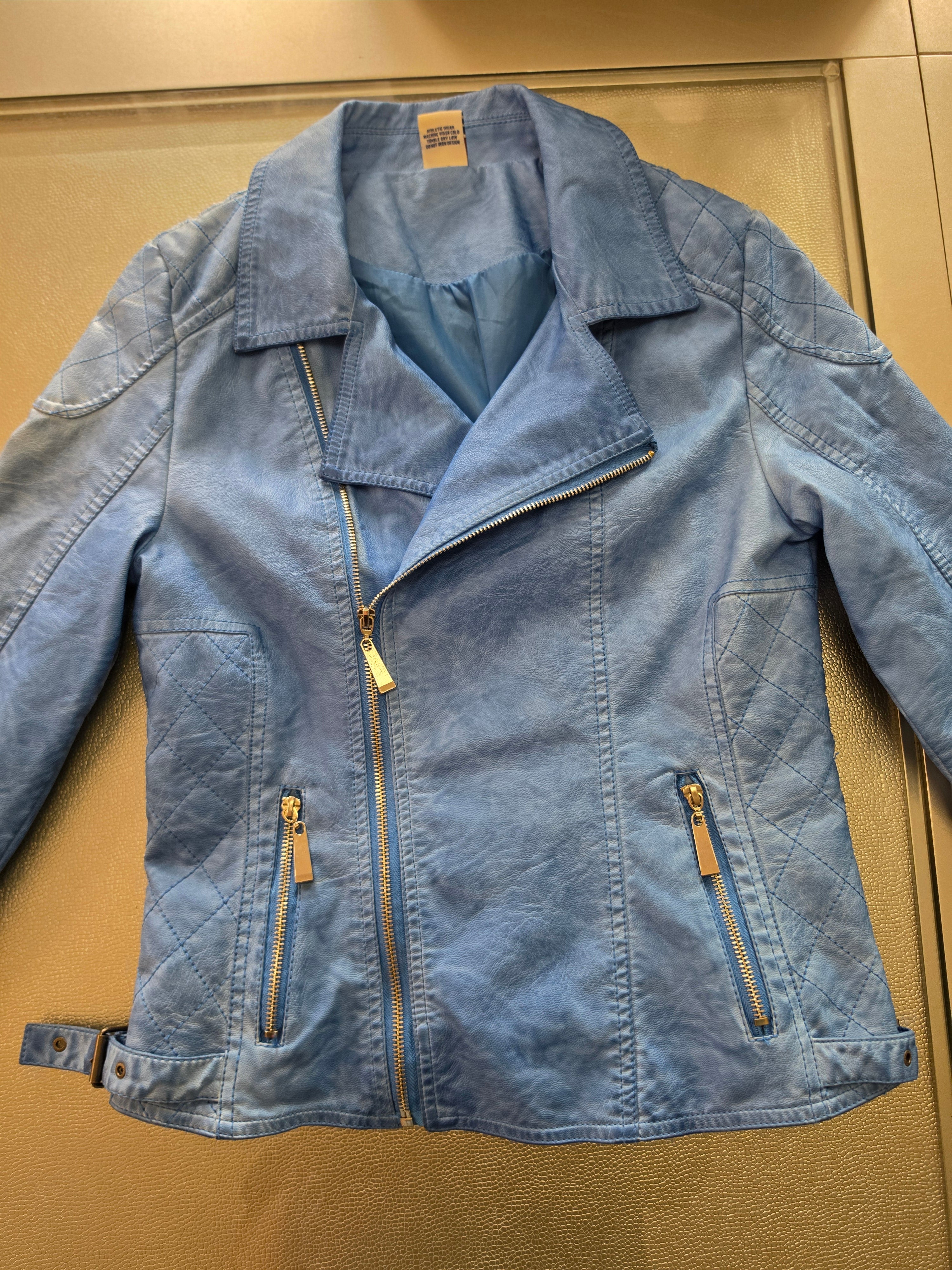 The Sky Rider — Quilted Faux Leather Moto Jacket in Periwinkle Blue