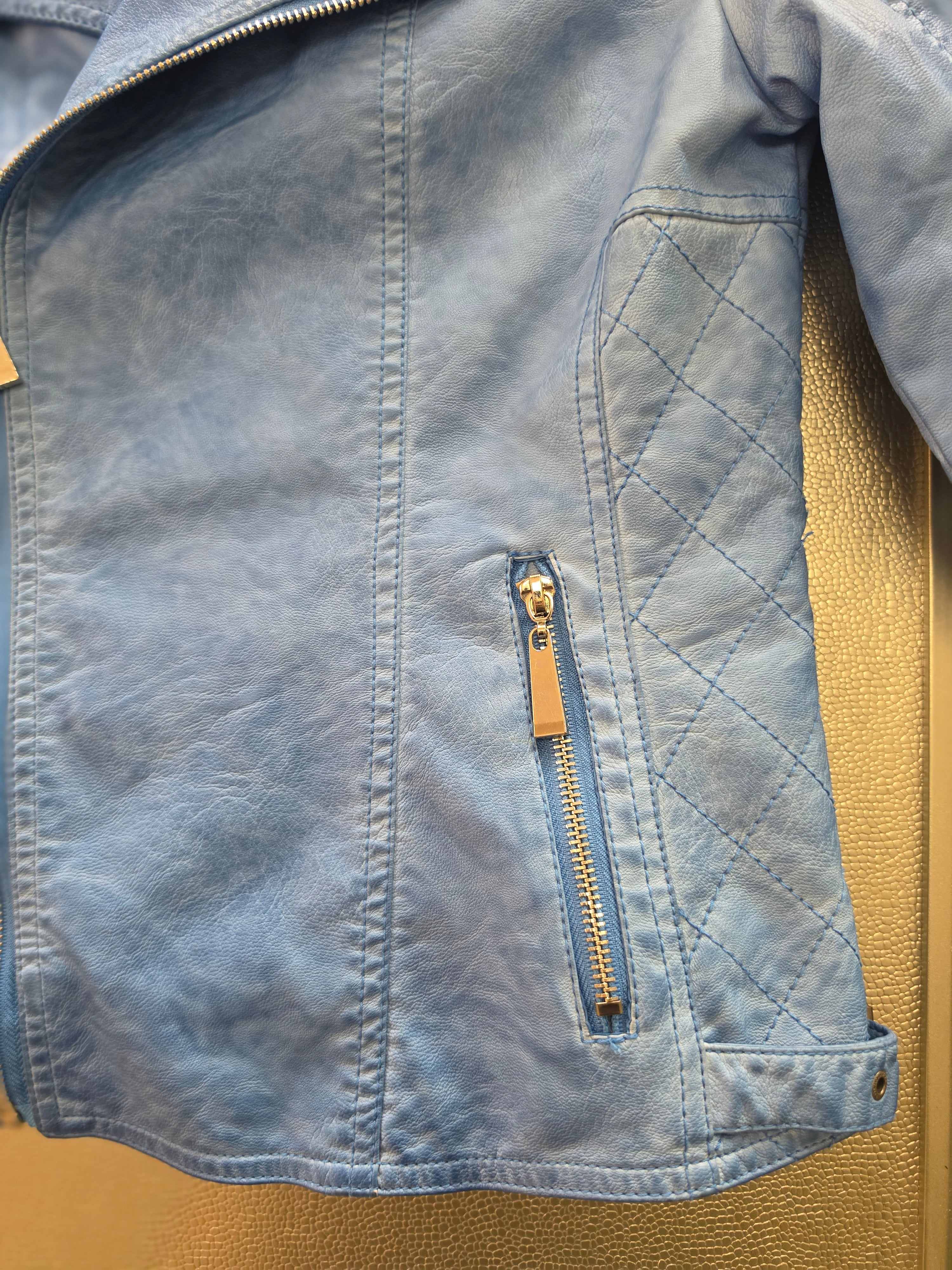 The Sky Rider — Quilted Faux Leather Moto Jacket in Periwinkle Blue