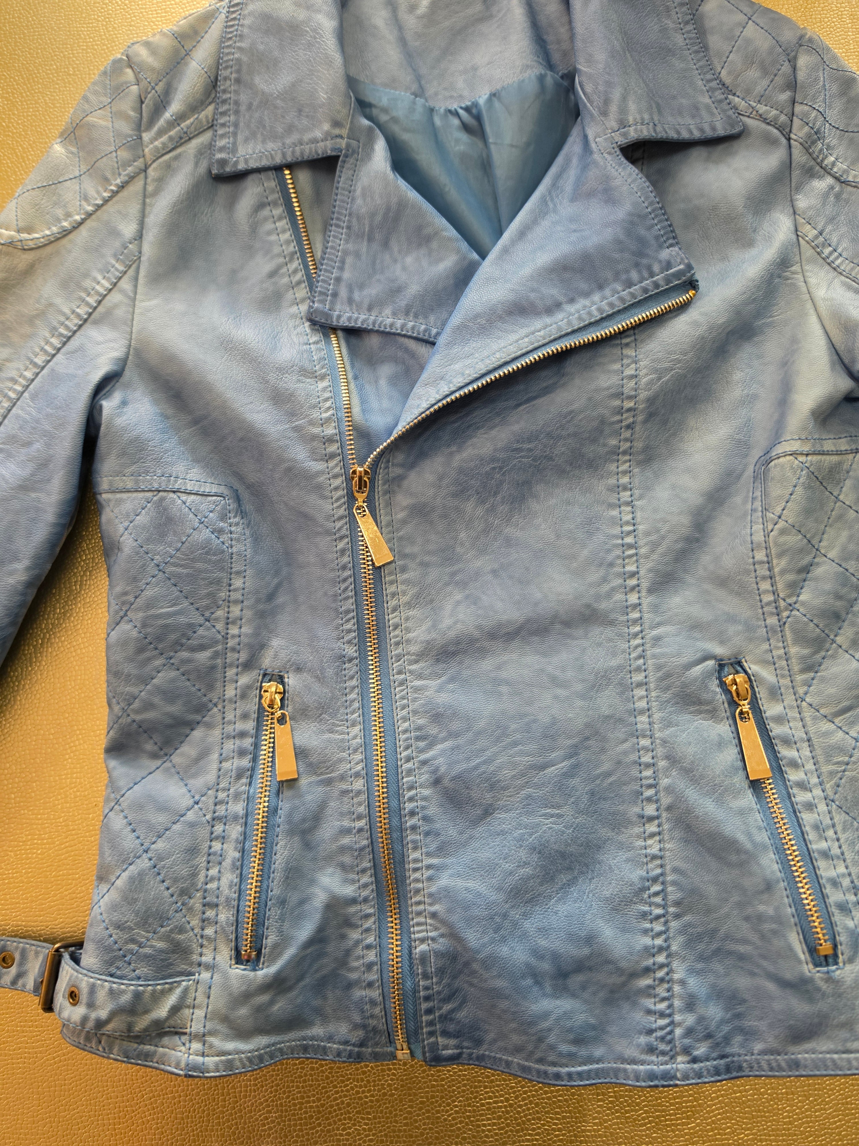 The Sky Rider — Quilted Faux Leather Moto Jacket in Periwinkle Blue