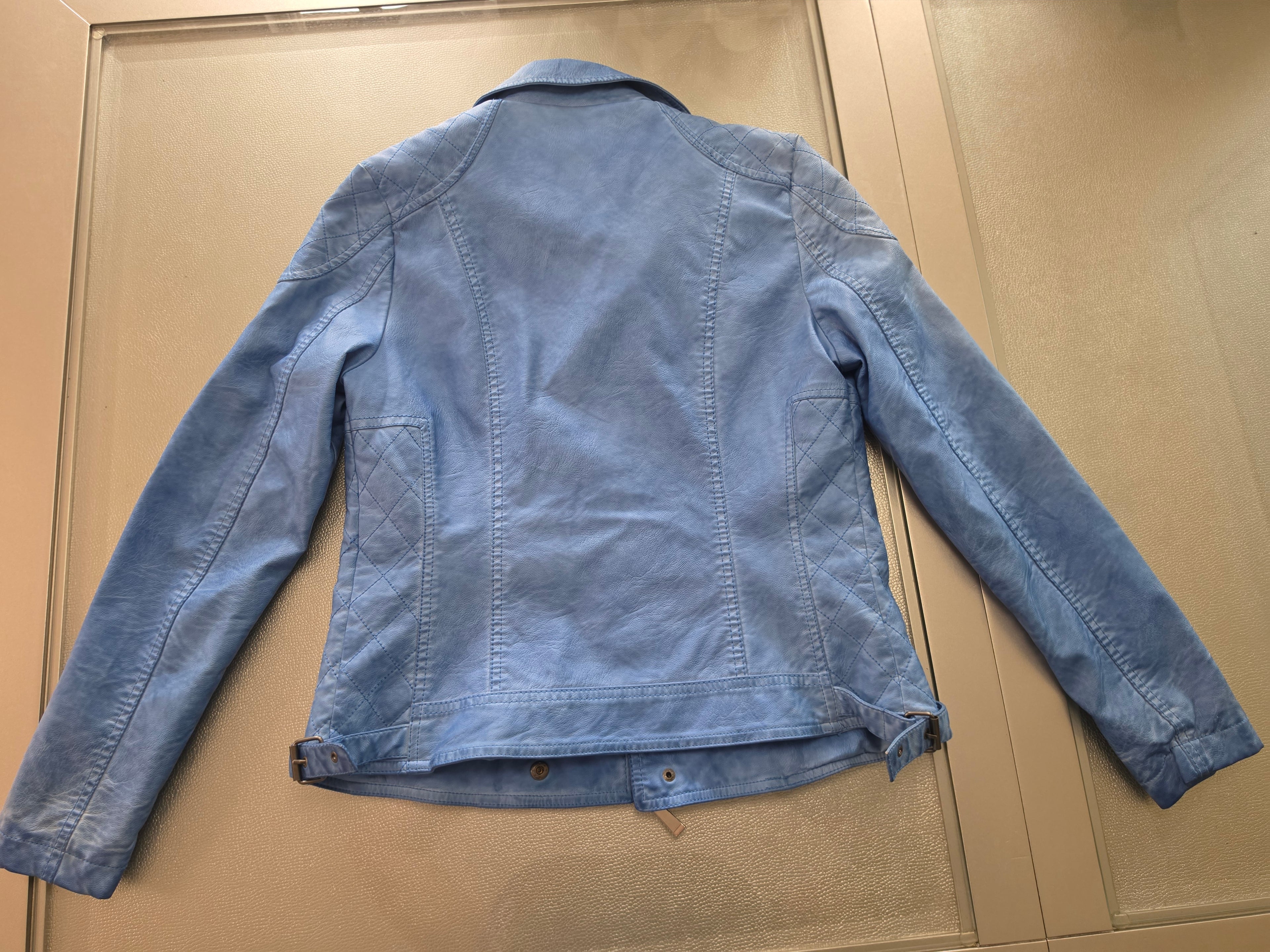 The Sky Rider — Quilted Faux Leather Moto Jacket in Periwinkle Blue