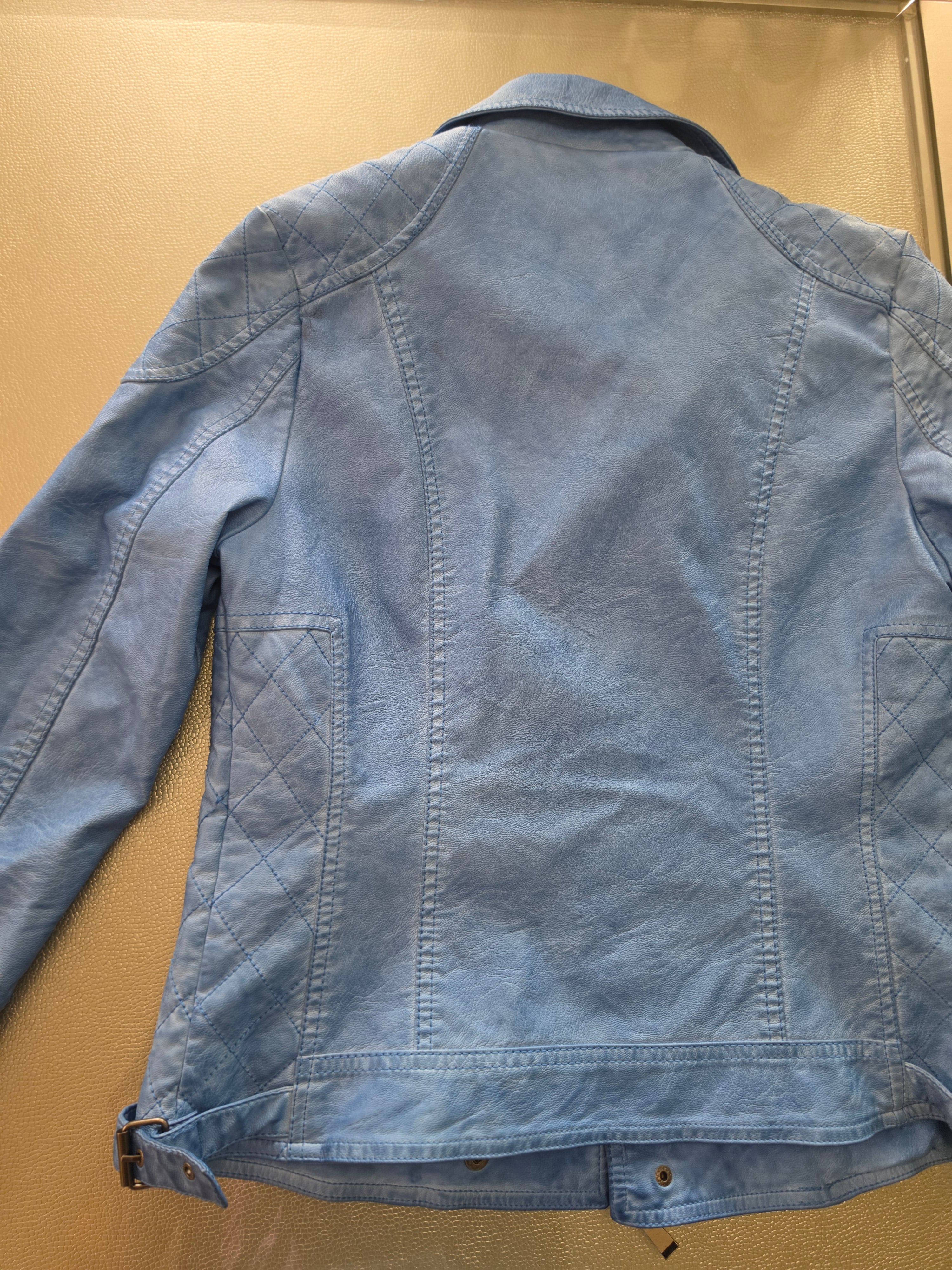 The Sky Rider — Quilted Faux Leather Moto Jacket in Periwinkle Blue
