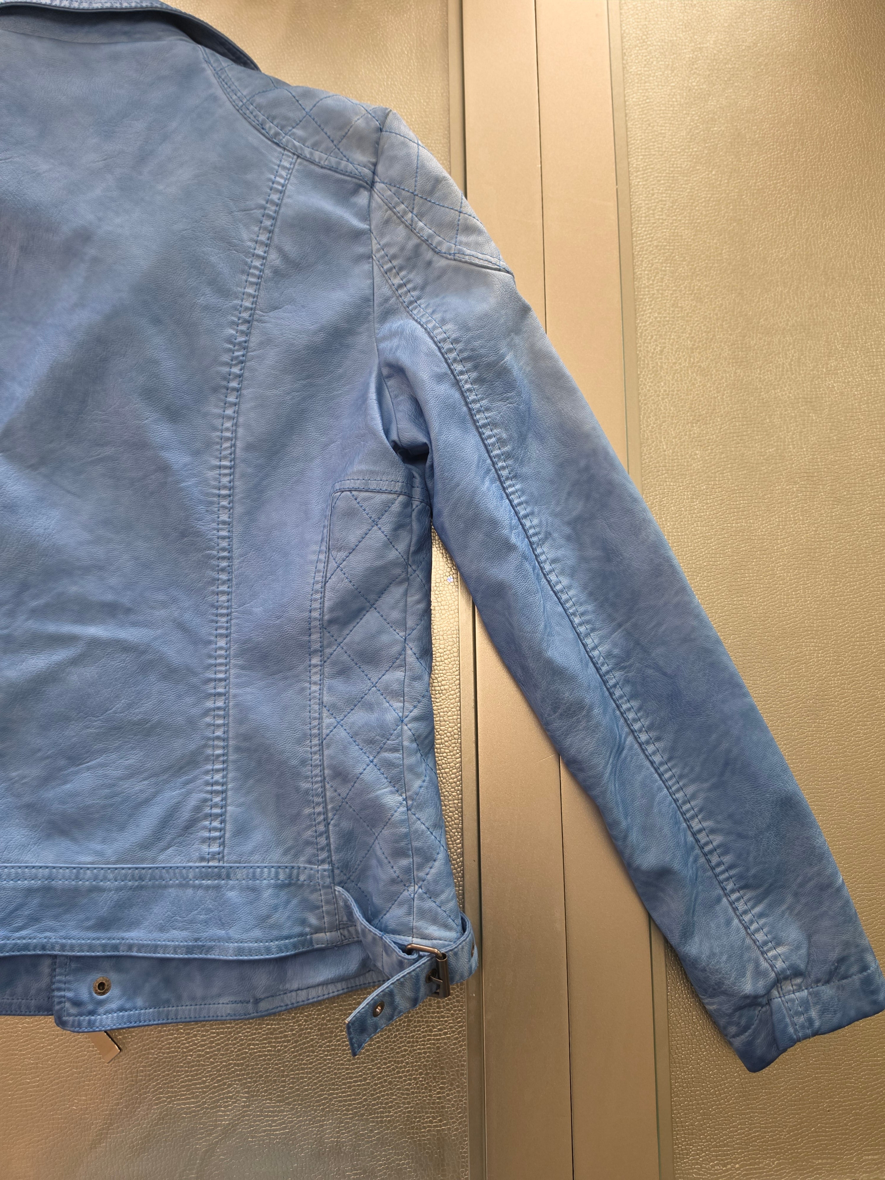 The Sky Rider — Quilted Faux Leather Moto Jacket in Periwinkle Blue
