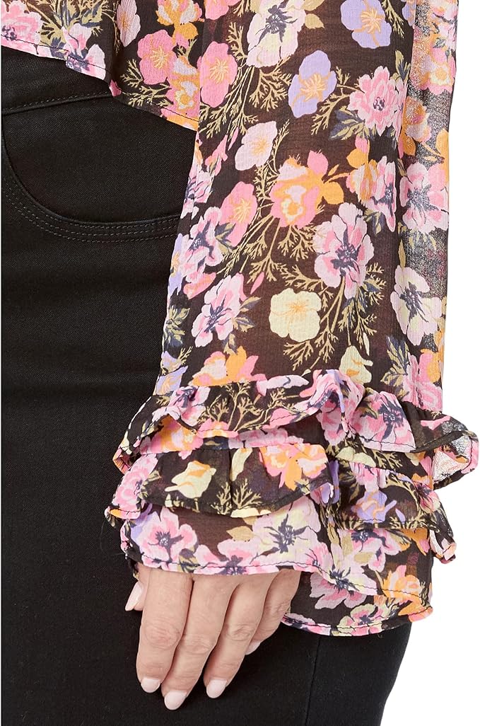 Fallen Petal Blouse – Floral Tie-Front, Bell Sleeve (Black Multi)