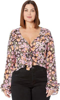 Fallen Petal Blouse – Floral Tie-Front, Bell Sleeve (Black Multi)