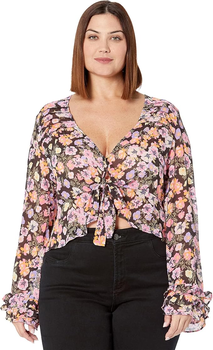 Fallen Petal Blouse – Floral Tie-Front, Bell Sleeve (Black Multi)