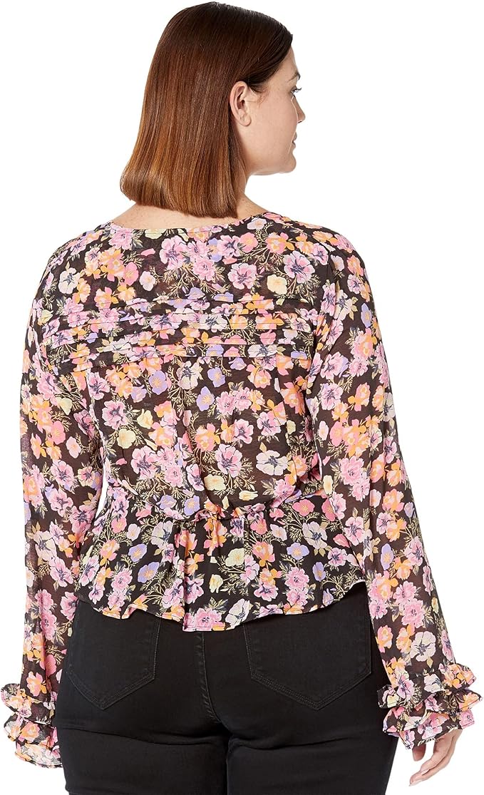 Fallen Petal Blouse – Floral Tie-Front, Bell Sleeve (Black Multi)