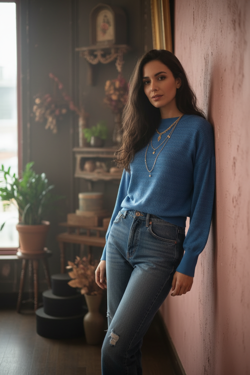 Azure pointelle sweater casual lifestyle