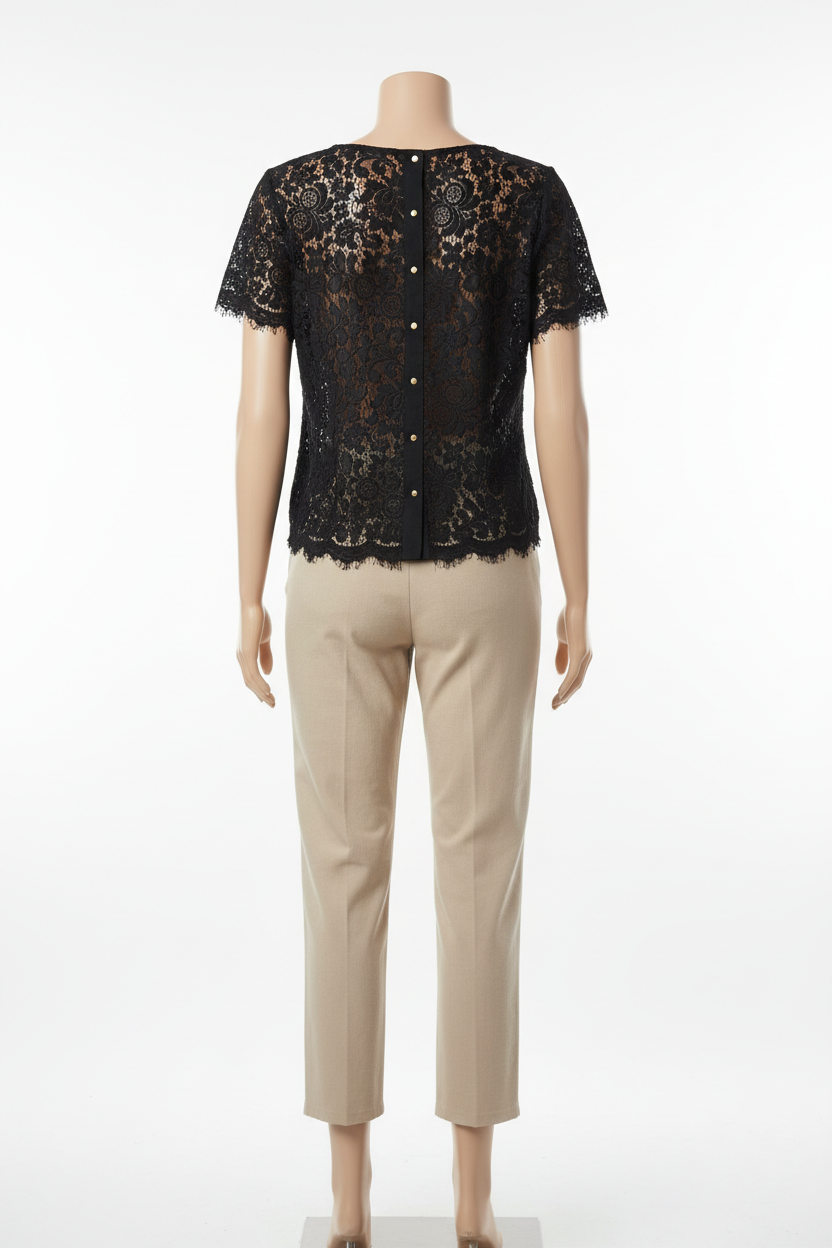 Black lace top back view with buttons