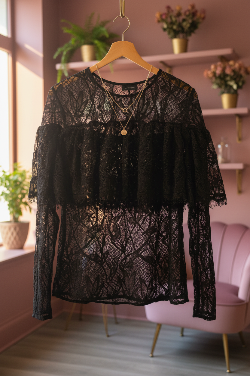 Black lace top styled with necklace in boutique setting