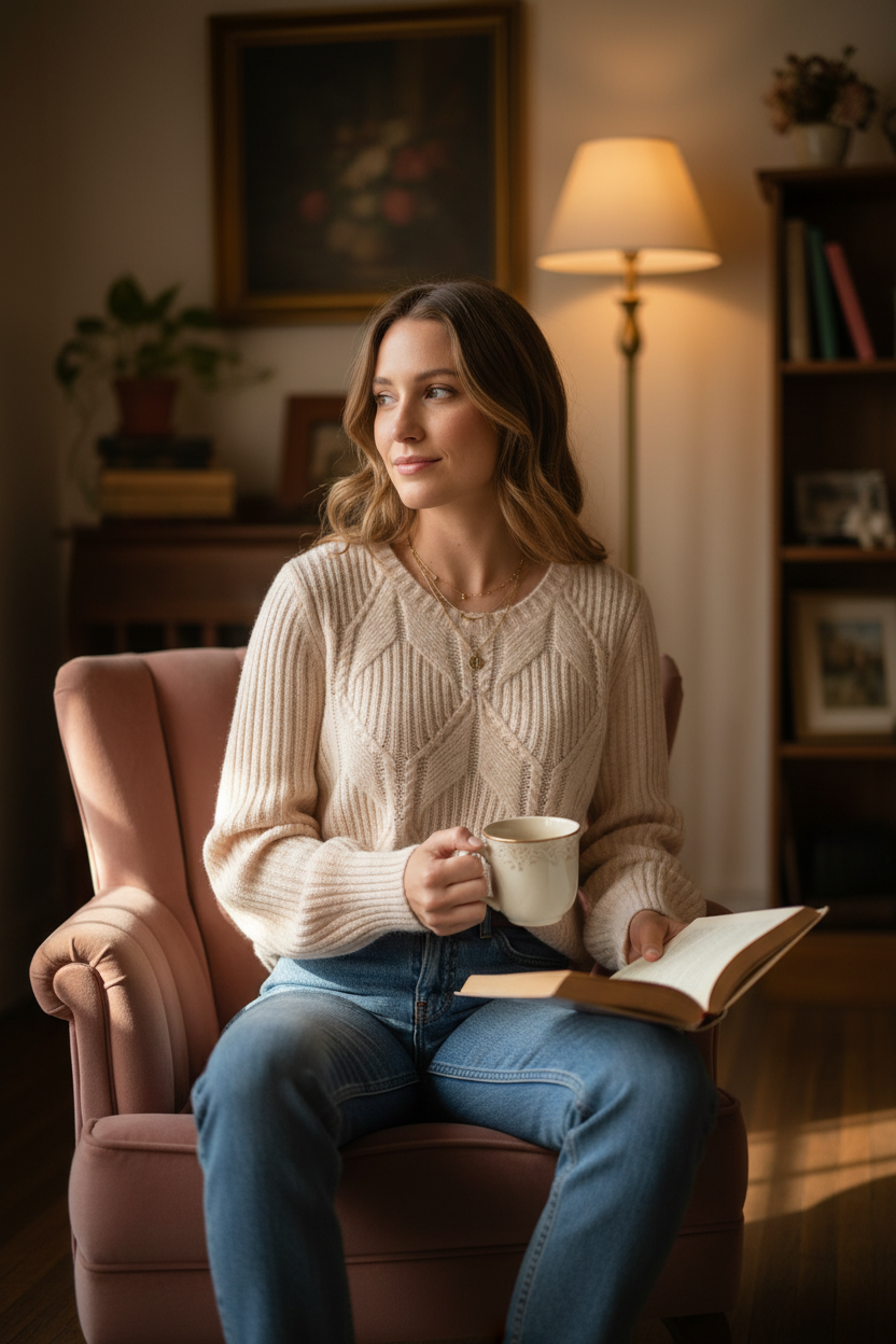Cable knit sweater cozy interior styling