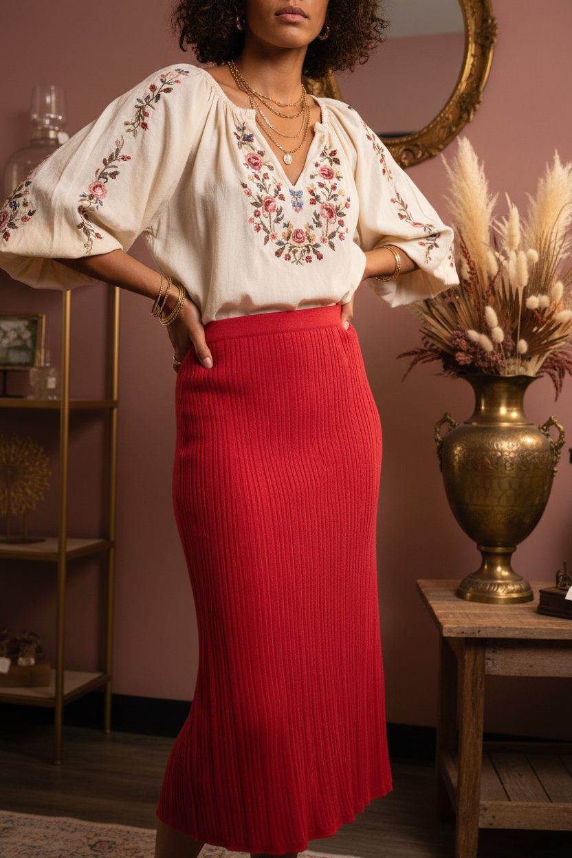 Crimson ribbed midi skirt - bohemian styling