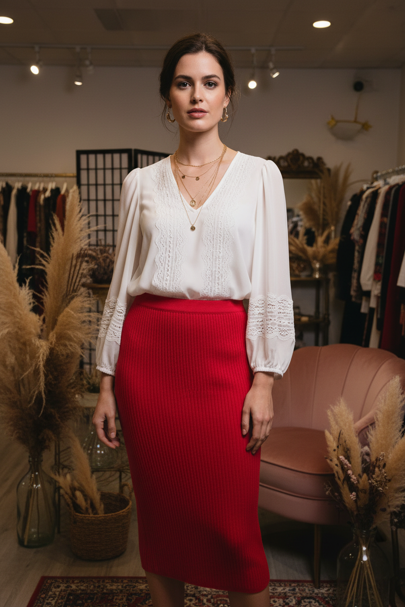 Crimson ribbed midi skirt - romantic styling