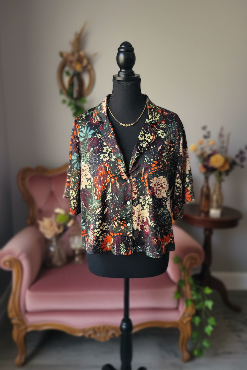 Dark floral crop blouse on mannequin
