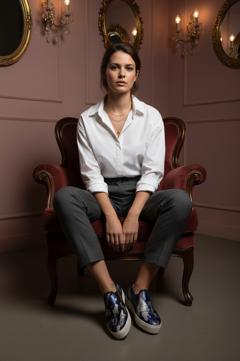 Elegant Styling with Camo Sneakers