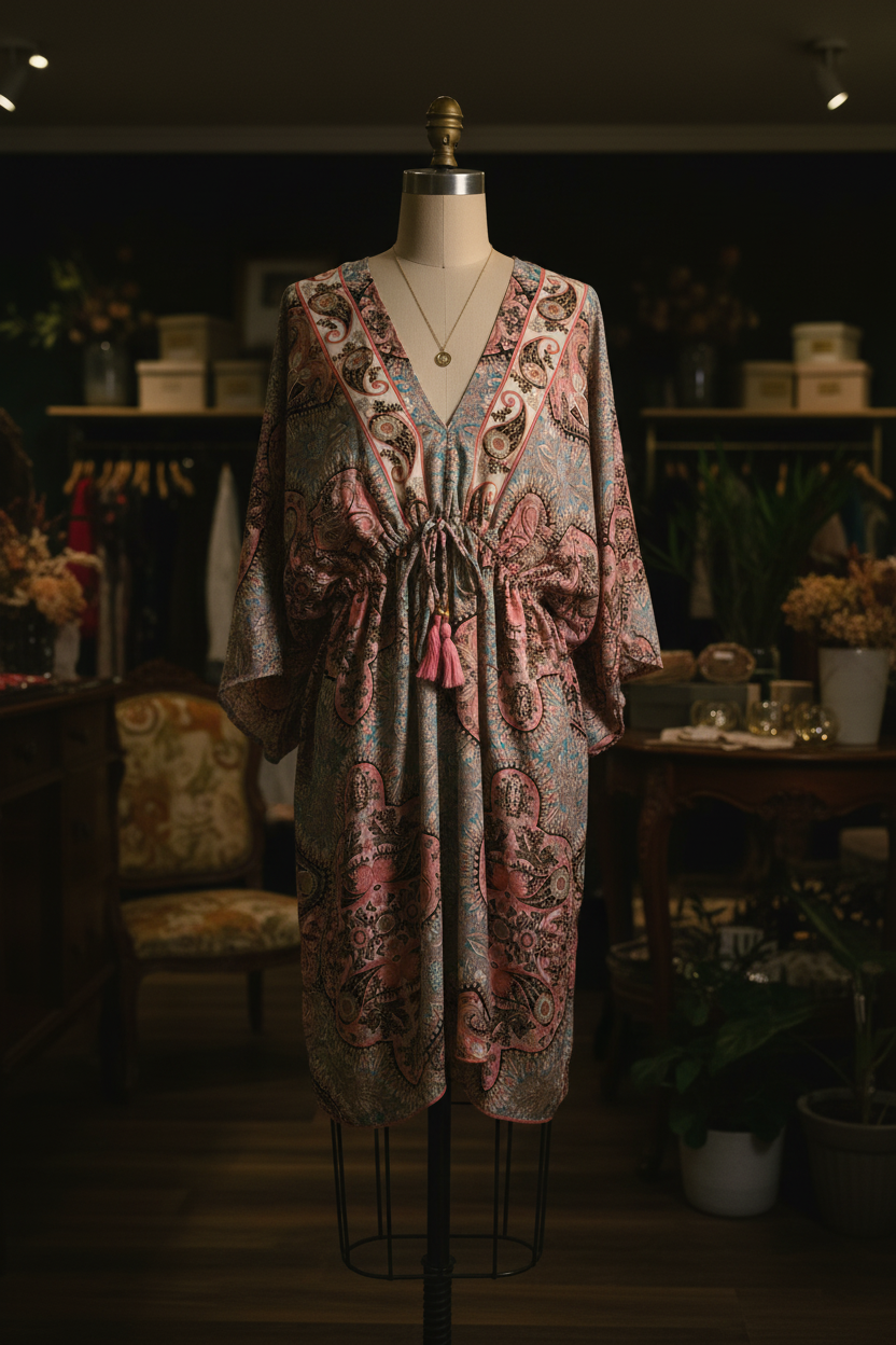 Ethereally Embellished Silk Paisley Kimono Cover-Up - Knee Length