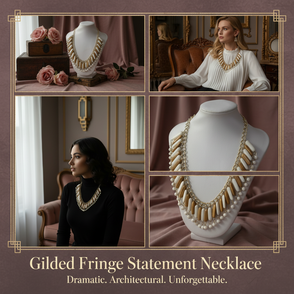 Gilded Fringe Statement Necklace Multi-Image Collage