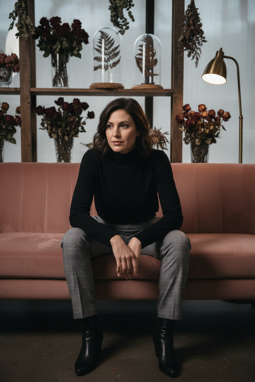 Glen Plaid Trousers with Black Turtleneck