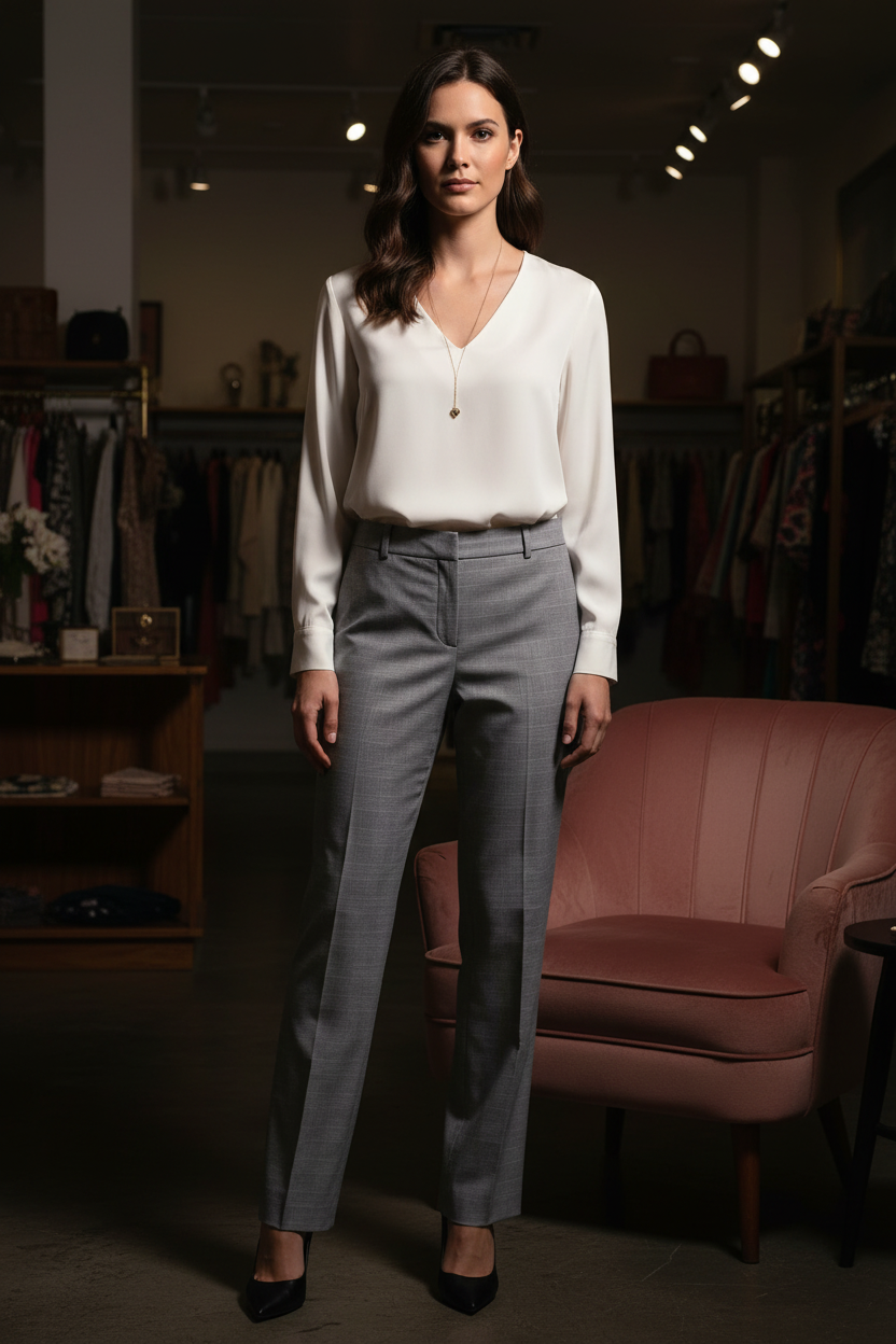 Glen Plaid Trousers with White Blouse