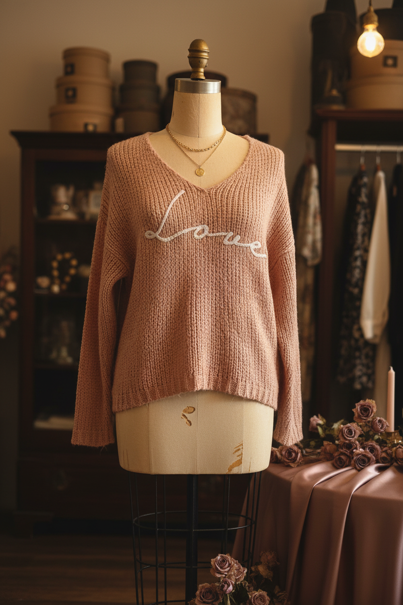 Golden Hour Knit Sweater with love embroidery