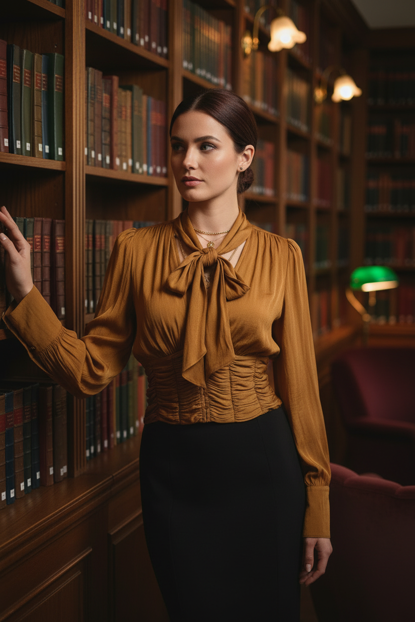 Golden Hour Reverie Blouse - Vintage Library Setting