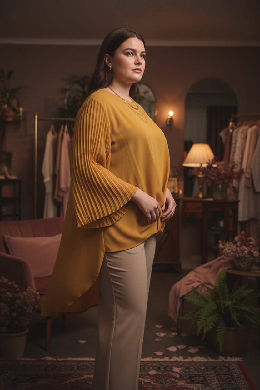 Golden Pleated Sleeve Blouse - Side View