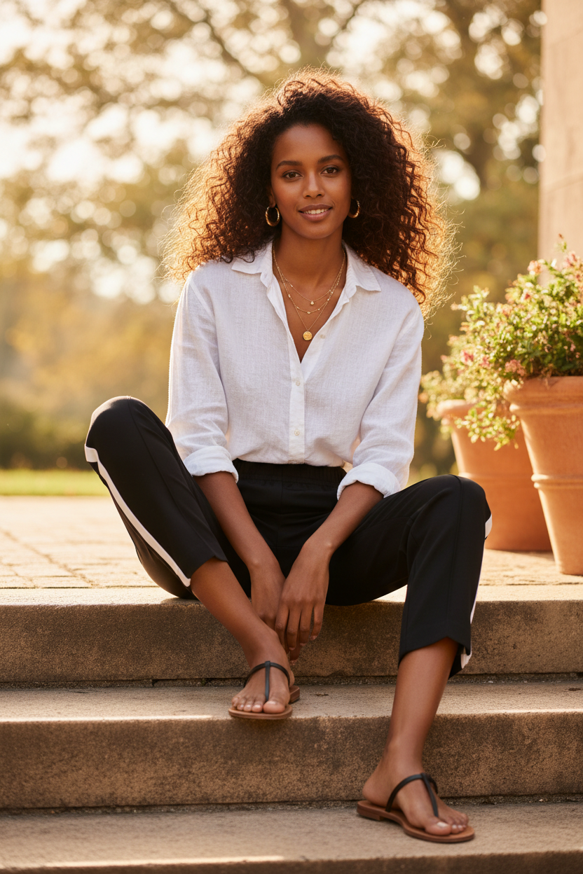 Elevated casual styling — black cropped side-stripe trouser with linen shirt and gold jewelry