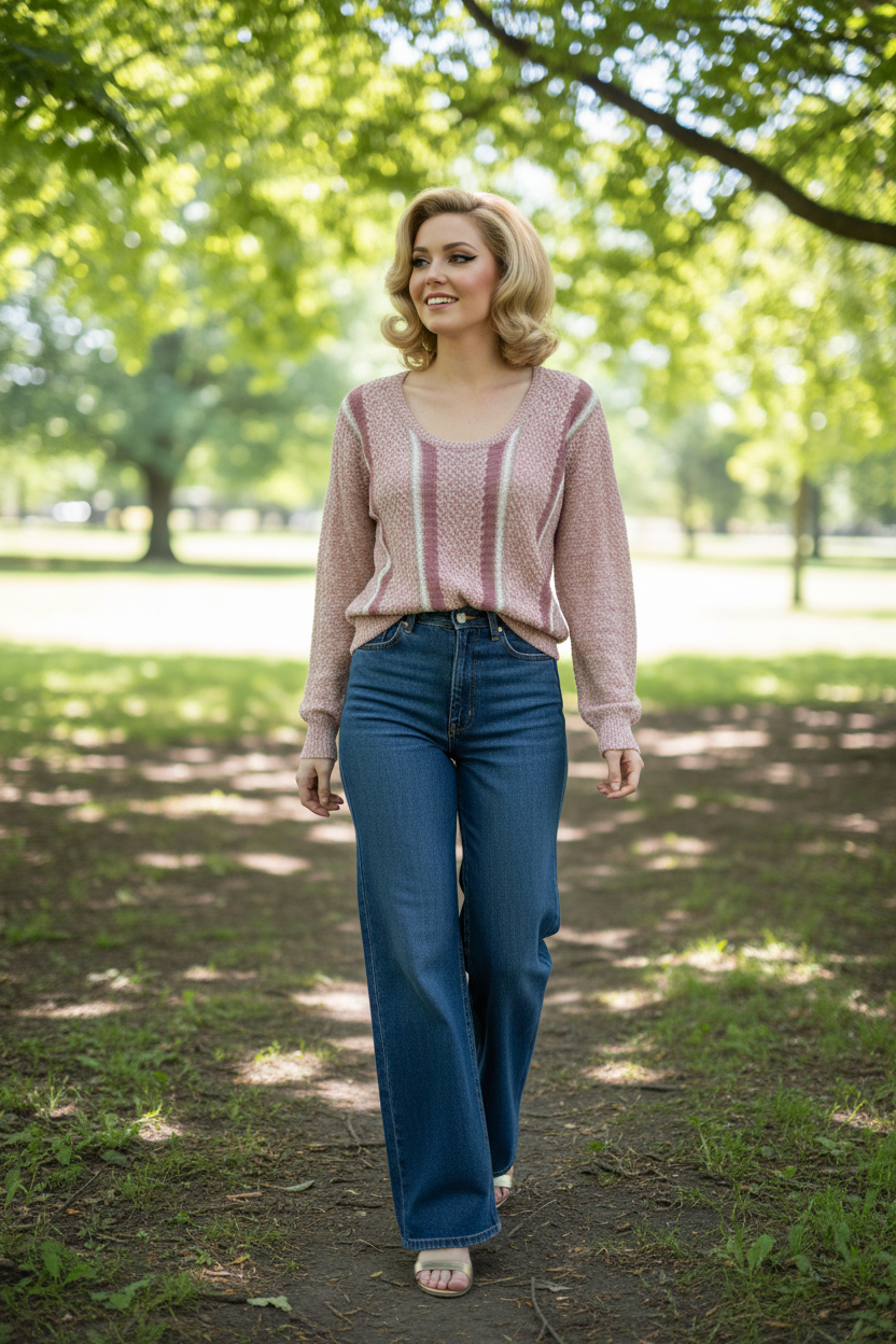 Retro waves model wearing blush metallic knit sweater in sunny park