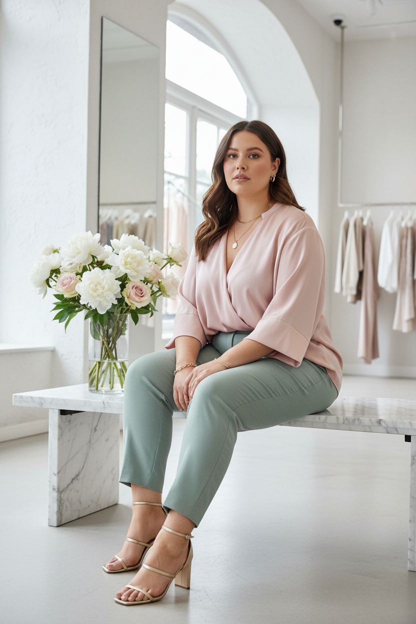 Size 12 model wearing sage mint trousers with blush silk blouse seated on marble bench