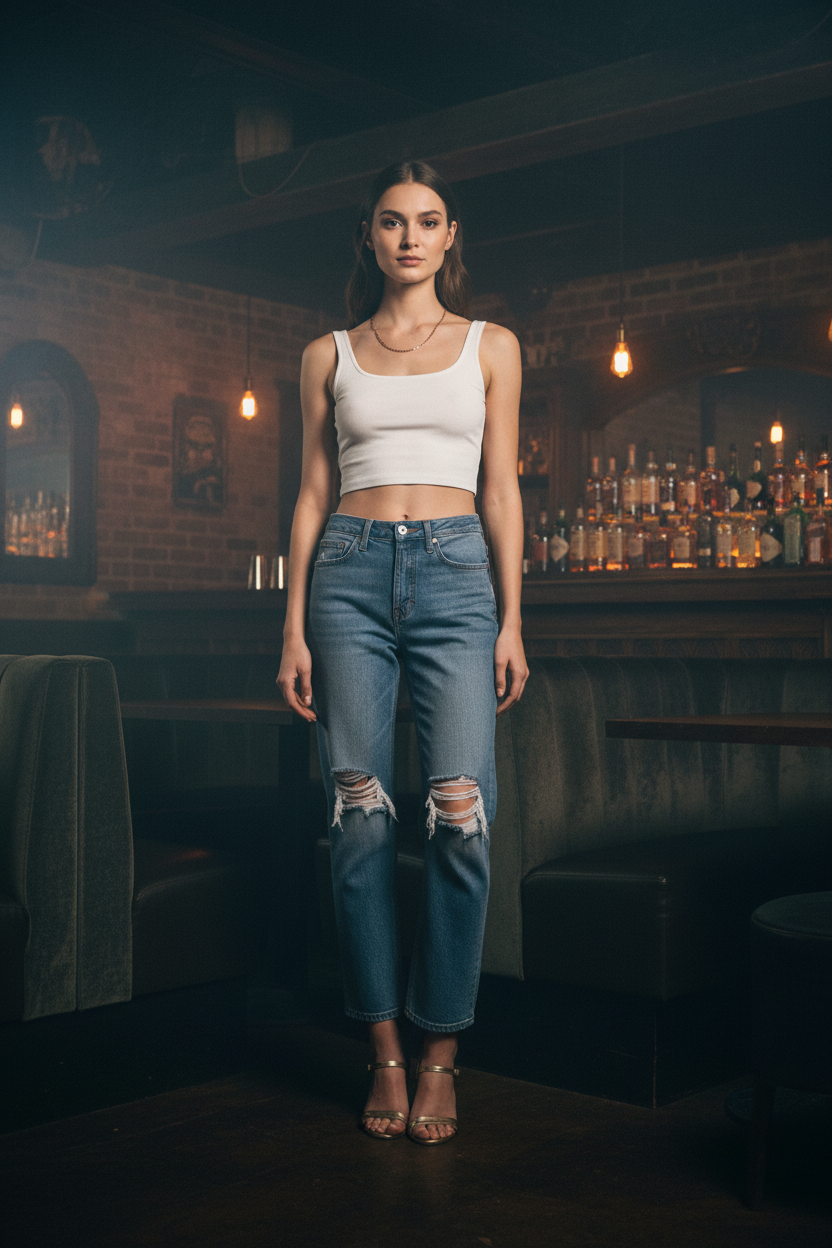 Torn Between Worlds Jeans — speakeasy lifestyle, XS petite model